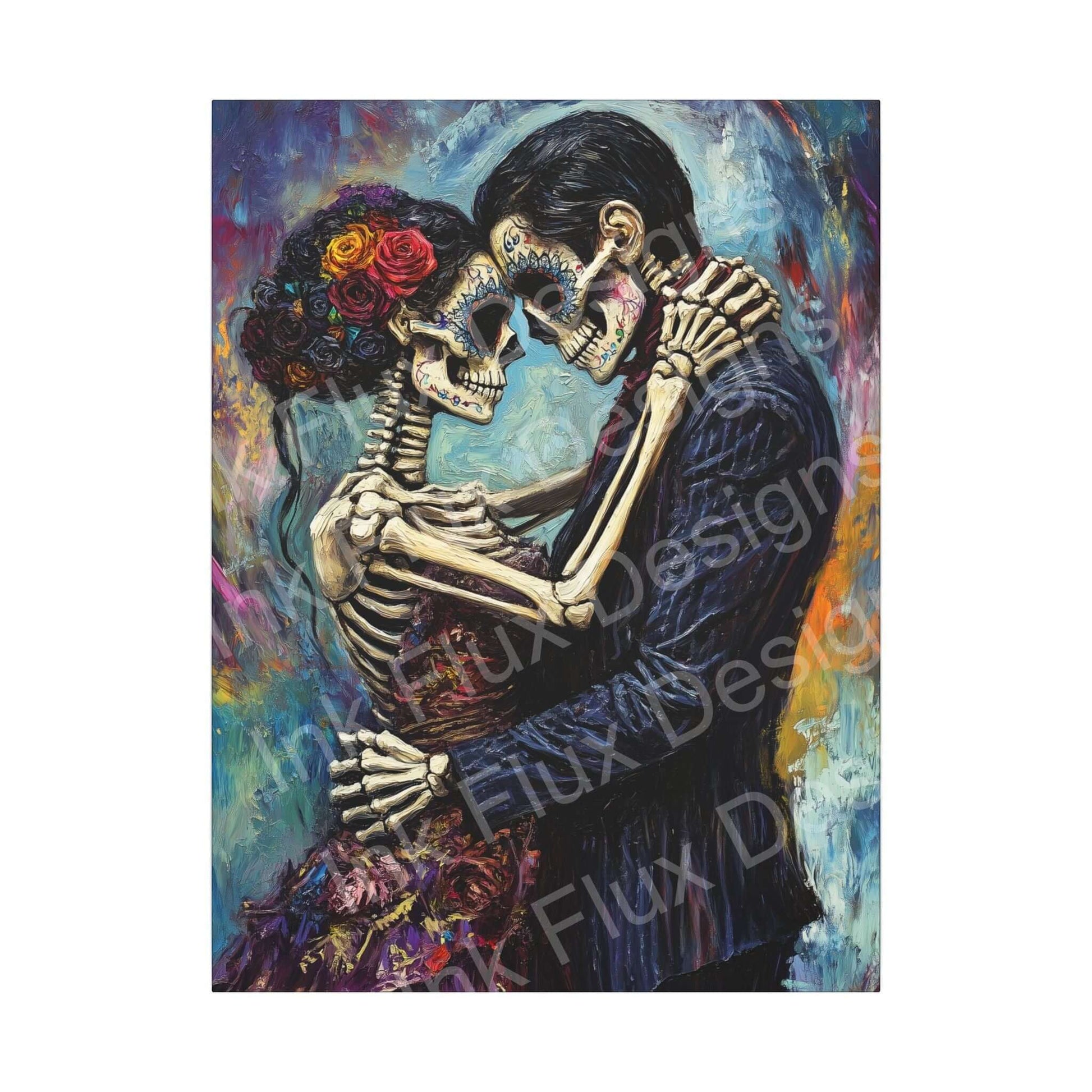 Day of the Dead couple portrait on matte canvas, featuring vibrant colors and intricate skeleton details by Ink Flux Designs.