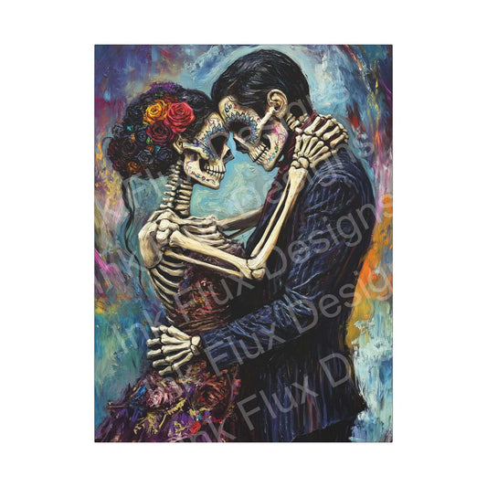 Day of the Dead couple portrait on matte canvas, featuring vibrant colors and intricate skeleton details by Ink Flux Designs.