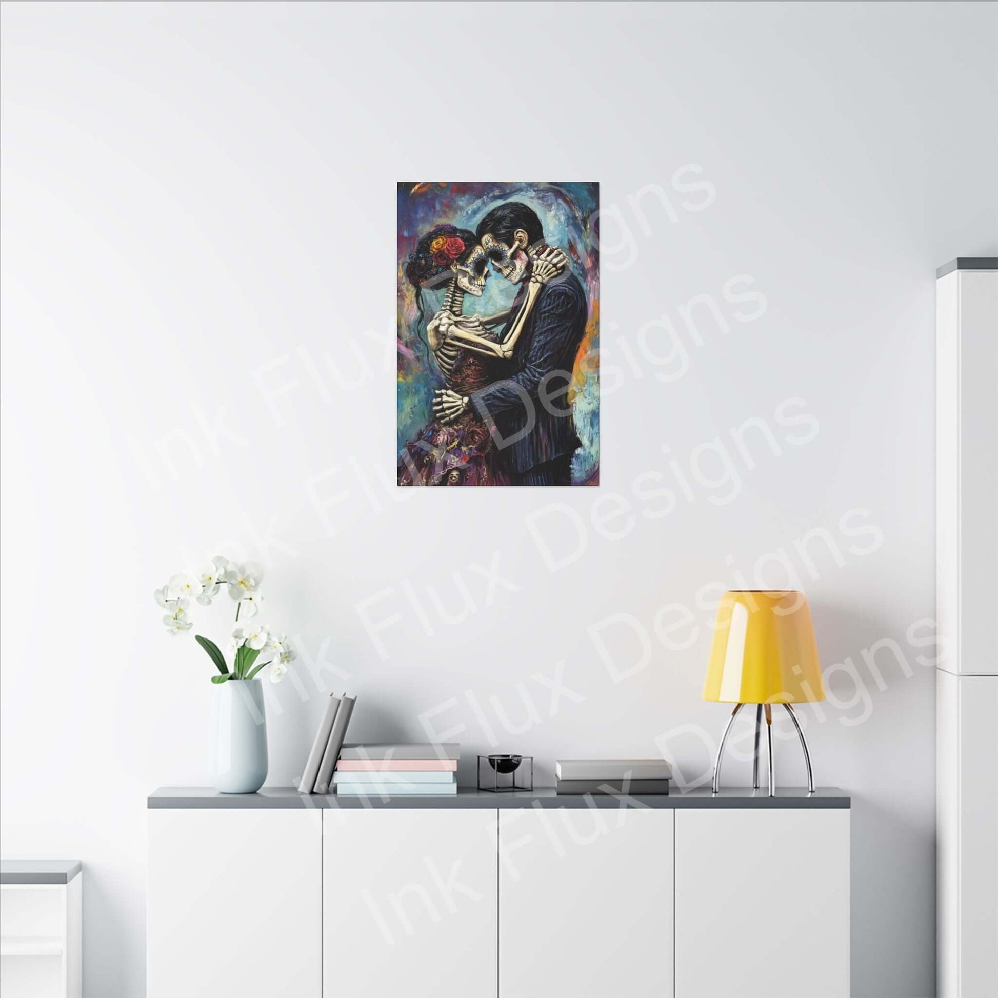 Day of the Dead couple portrait displayed on a modern wall, perfect for adding artistic flair to any space.