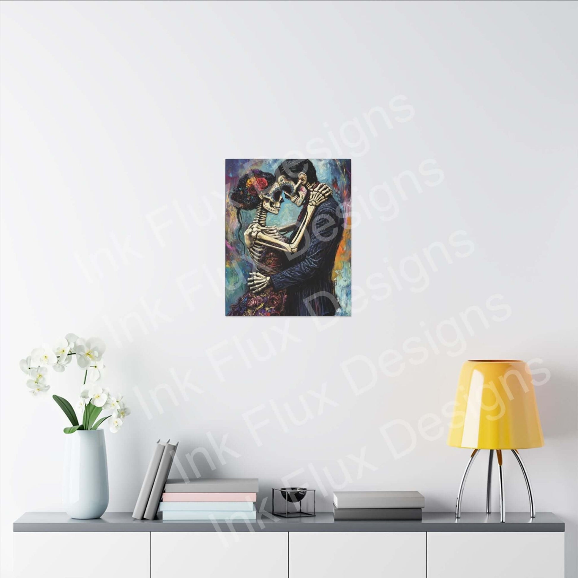 Day of the Dead Couple Portrait on matte canvas by Ink Flux Designs, displayed on a modern wall decor.