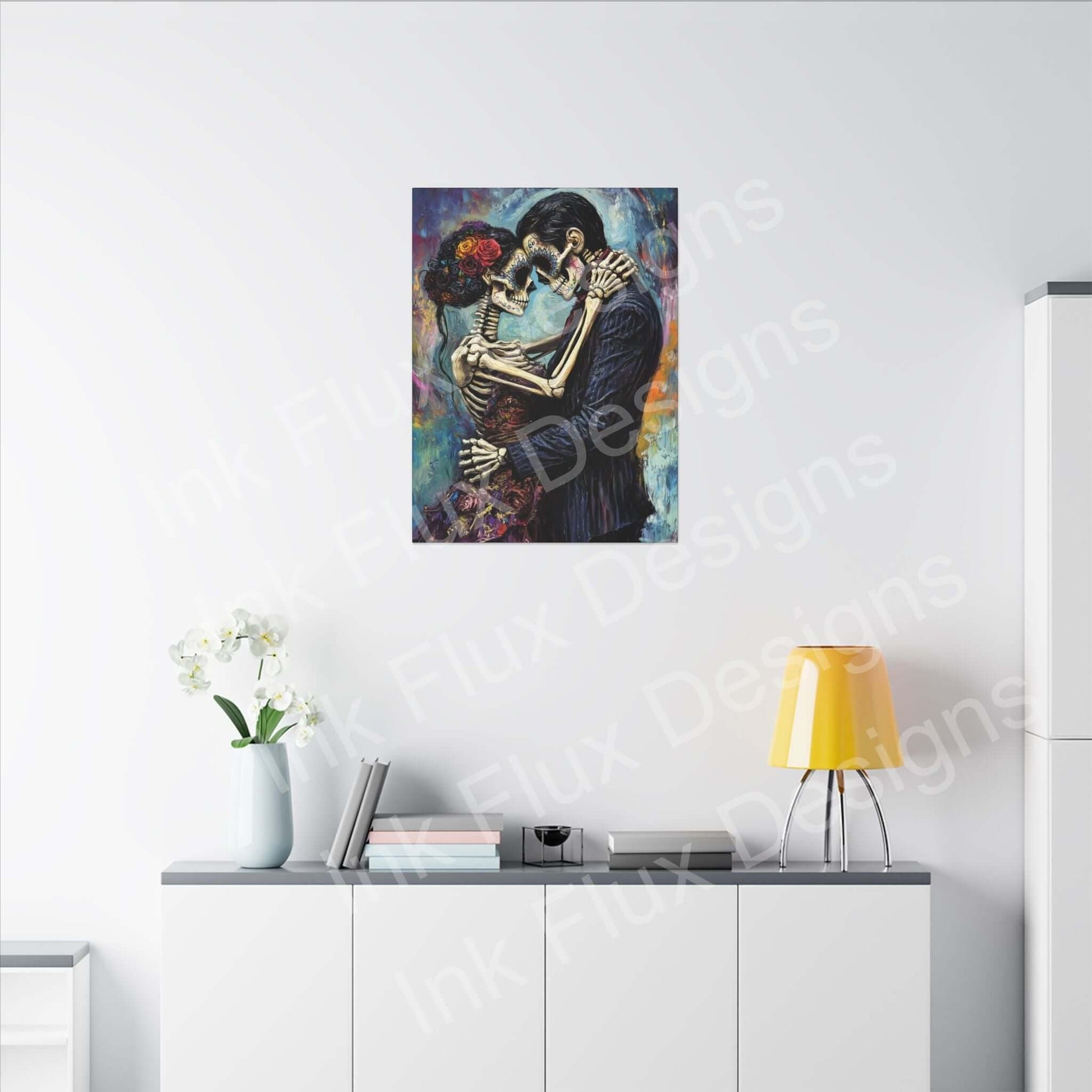 Day of the Dead couple portrait on matte canvas by Ink Flux Designs, vibrant art for home decor.