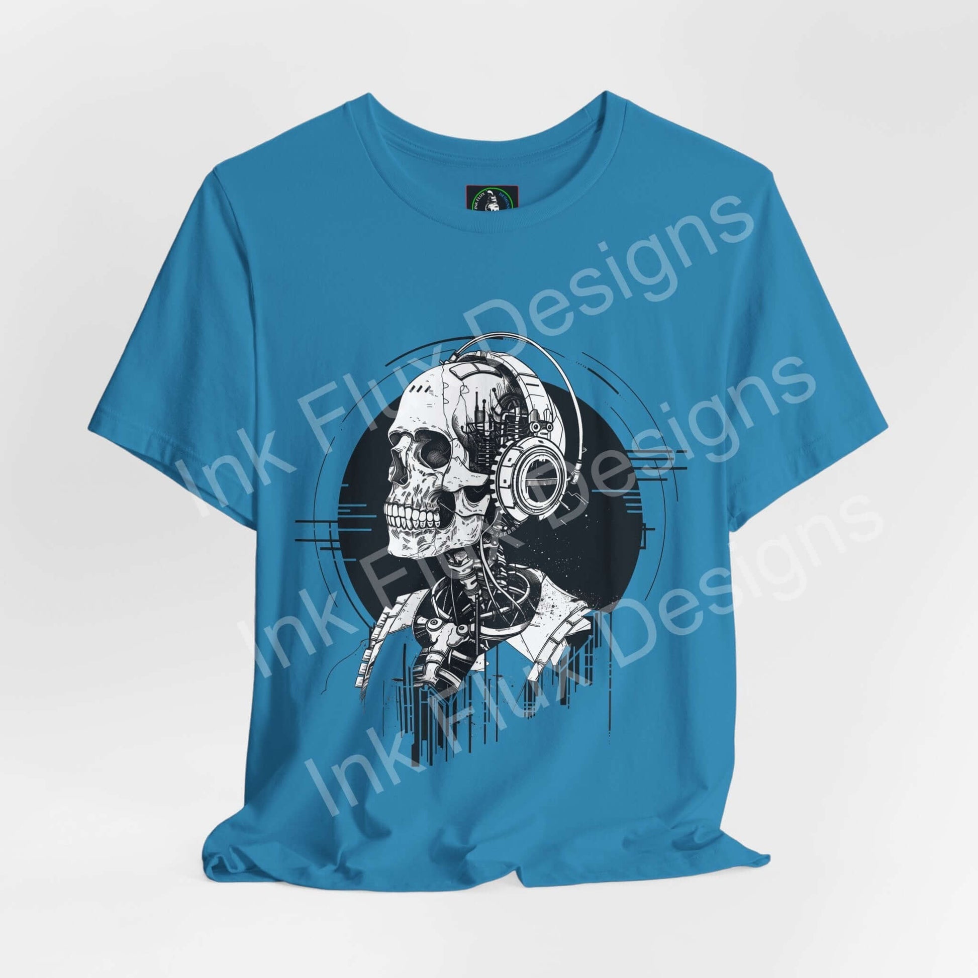 Music skull t-shirt featuring a graphic of a skeleton with headphones on a blue background by Ink Flux Designs.