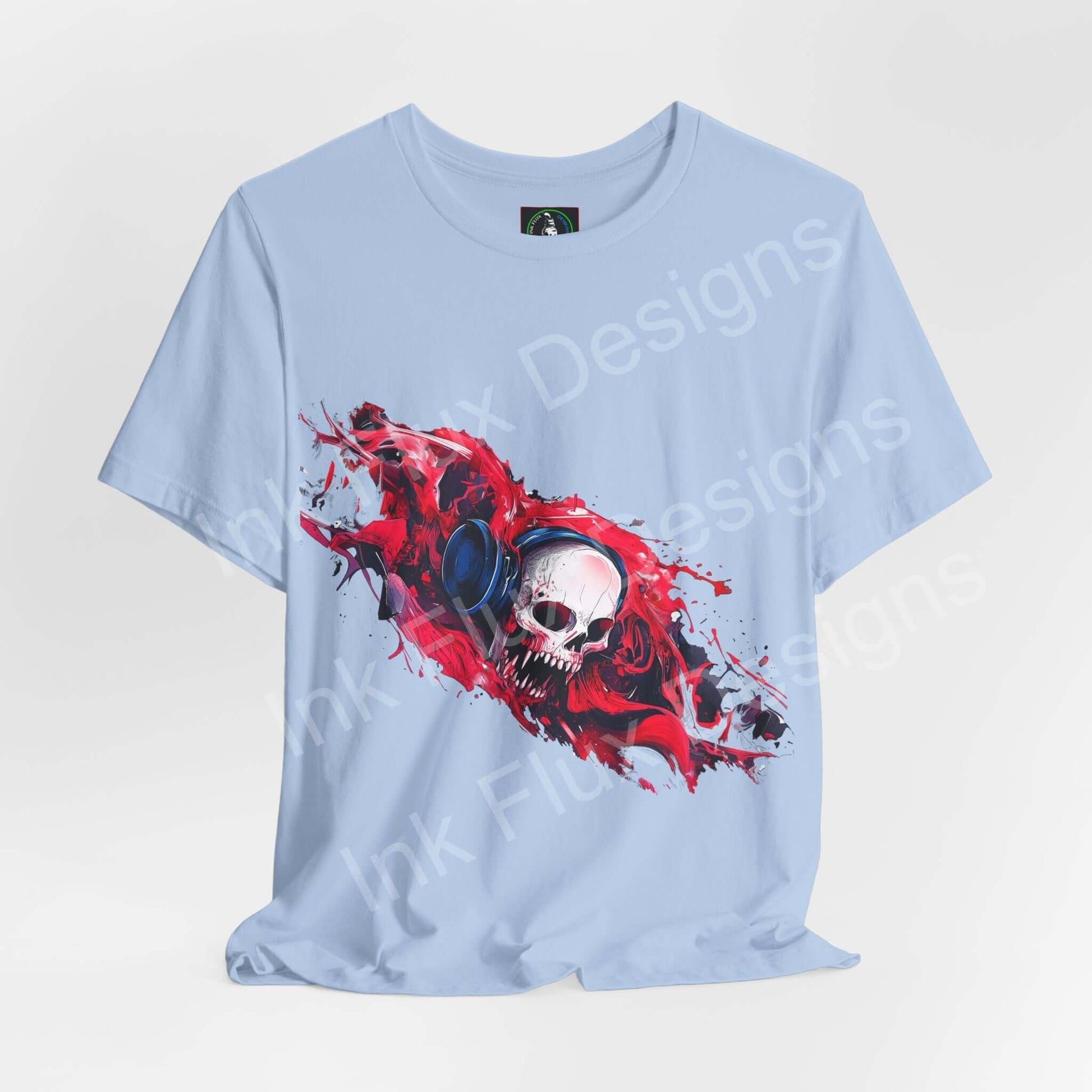 Music t-shirt featuring vivid red skull graphic and blue background by Ink Flux Designs.