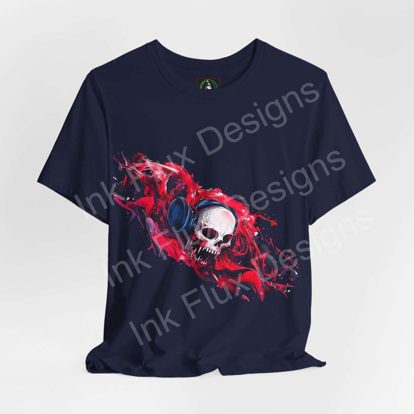 Dead Frequency II unisex T-shirt by Ink Flux Designs featuring a skull graphic on navy fabric, blending comfort and style.