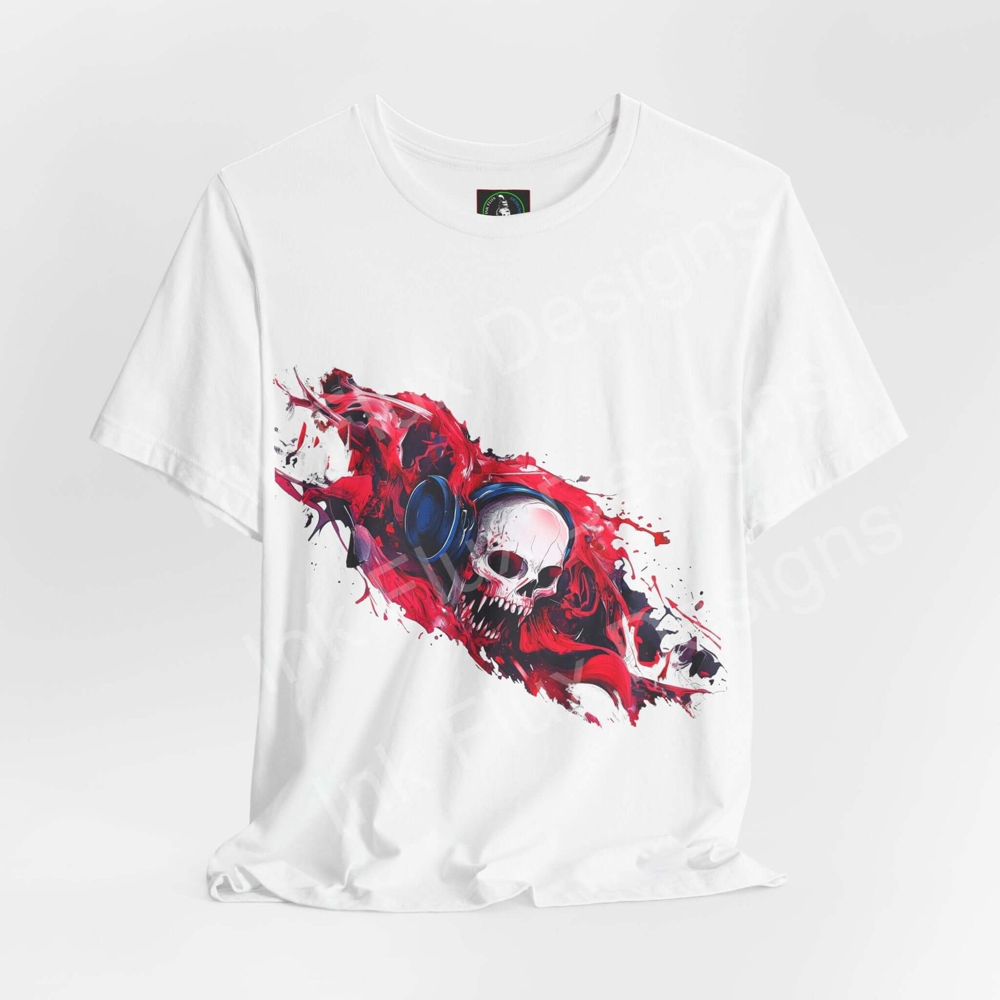 Music T-Shirt – Dead Frequency II Graphic Tee featuring a vibrant skull and headphone design by Ink Flux Designs.