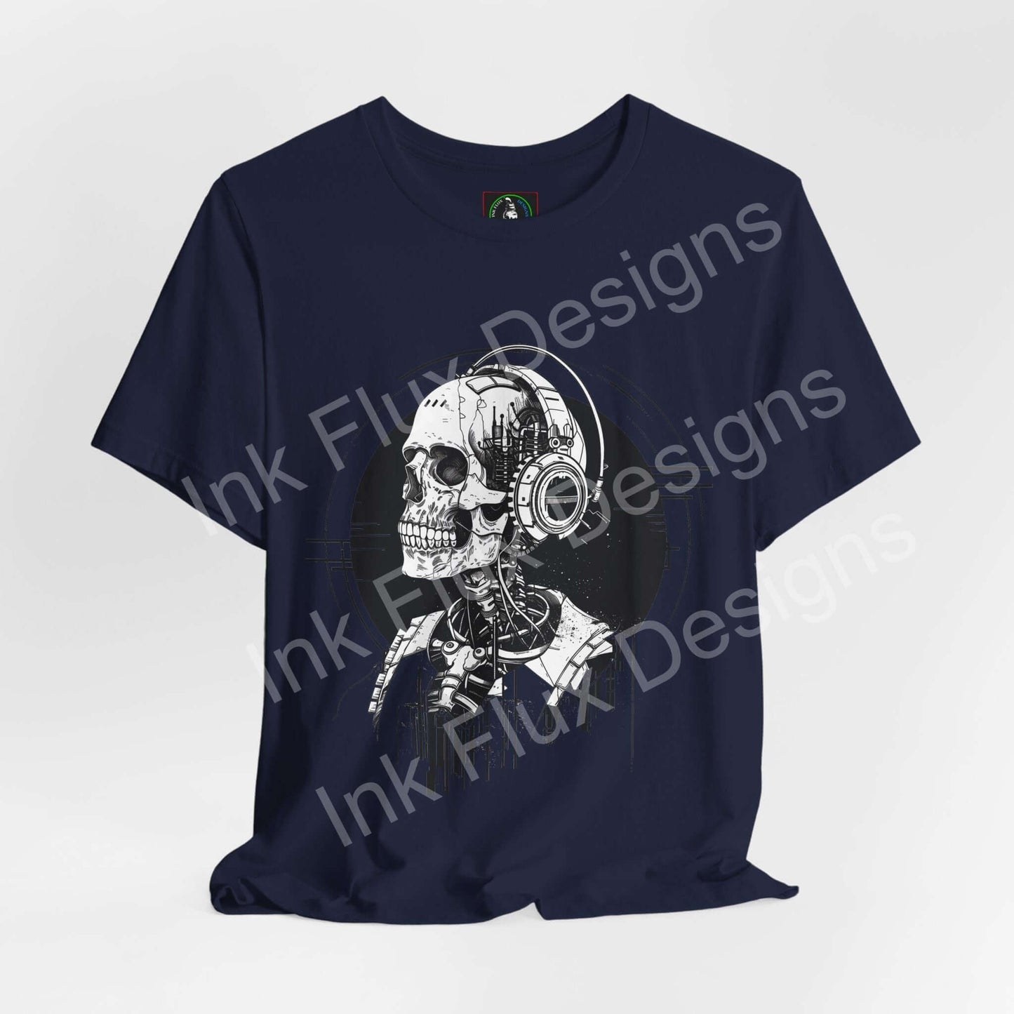 Navy T-shirt featuring a skull with headphones design by Ink Flux Designs, made from soft Airlume cotton.