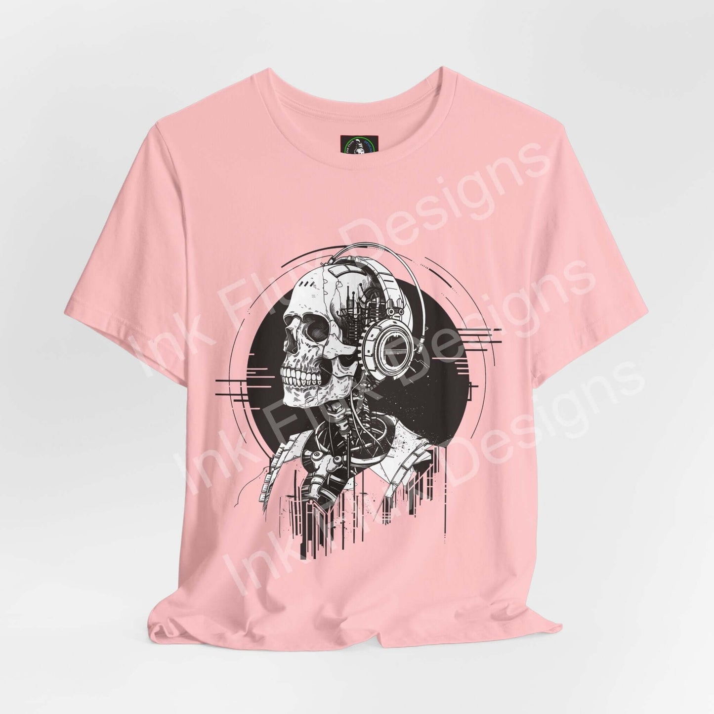 Dead Frequency II unisex pink T-shirt featuring a graphic skull design by Ink Flux Designs, lightweight and comfortable.