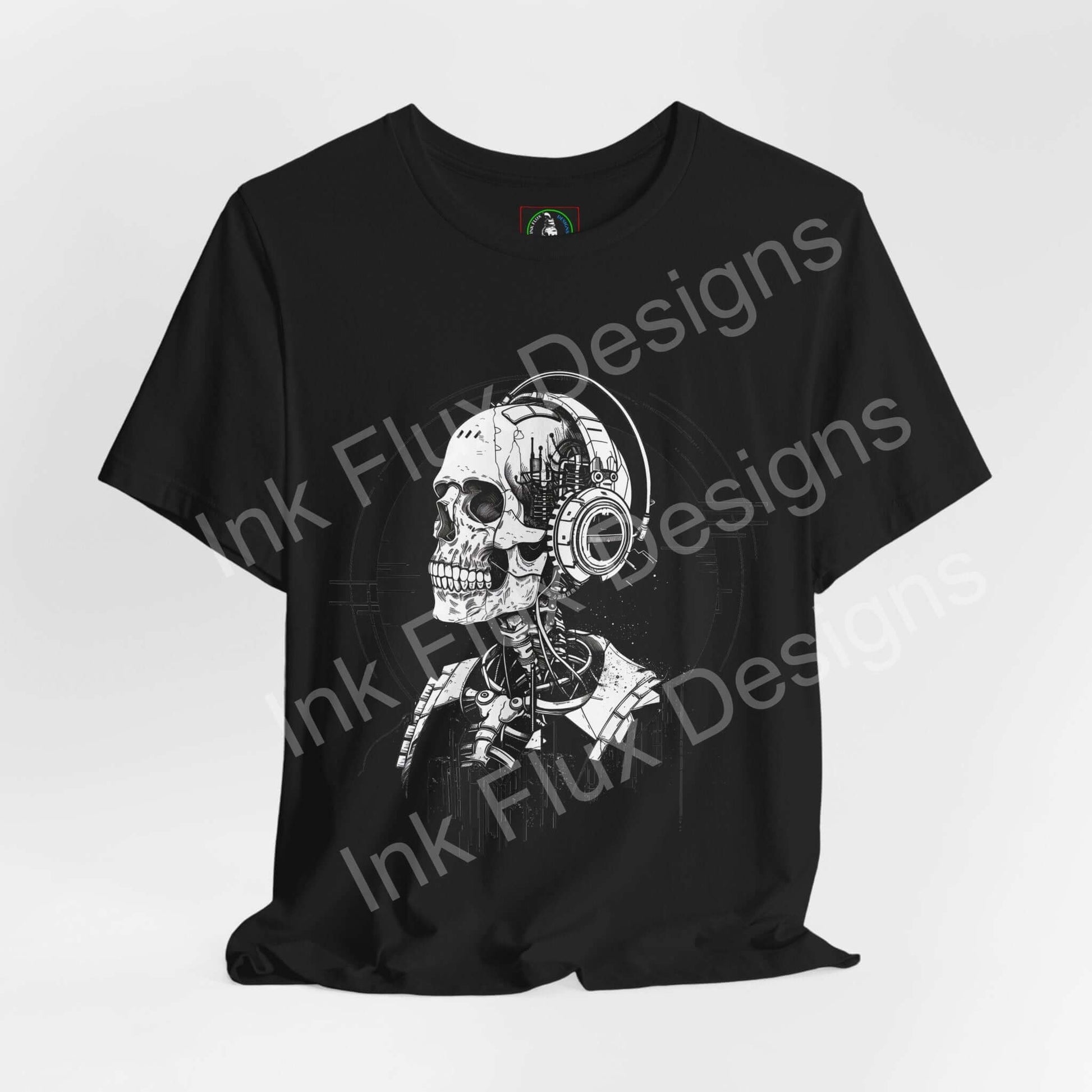 Music skull t-shirt featuring a robotic skull design with headphones, perfect for music lovers and creative spirits.