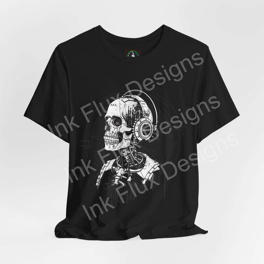 Music skull t-shirt featuring a robotic skull design with headphones, perfect for music lovers and creative spirits.