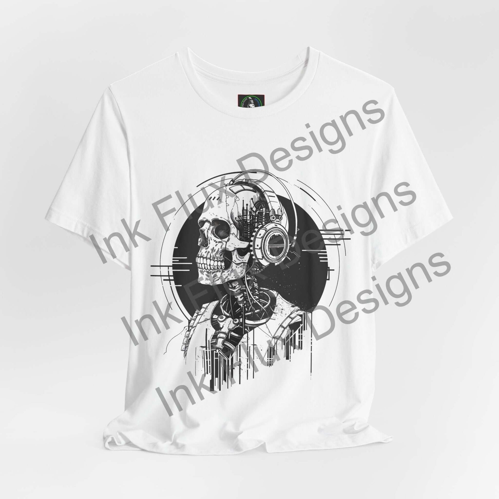 Music skull t-shirt featuring a graphic design of a skull in headphones with a vibrant, surreal art style by Ink Flux Designs.