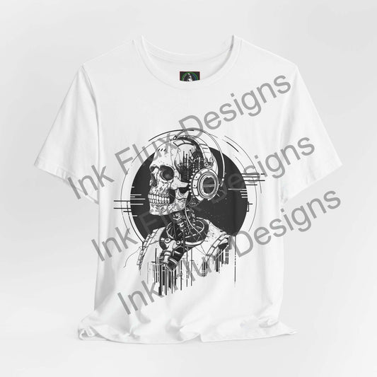 Music skull t-shirt featuring a graphic design of a skull in headphones with a vibrant, surreal art style by Ink Flux Designs.
