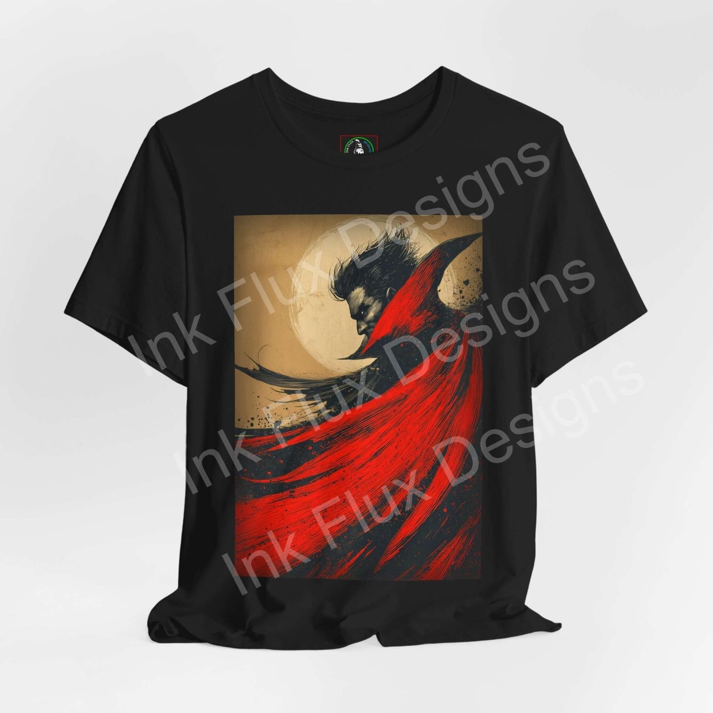 Dracula T-Shirt featuring gothic vampire art design with a dramatic red cape and dark tones, perfect for Halloween.