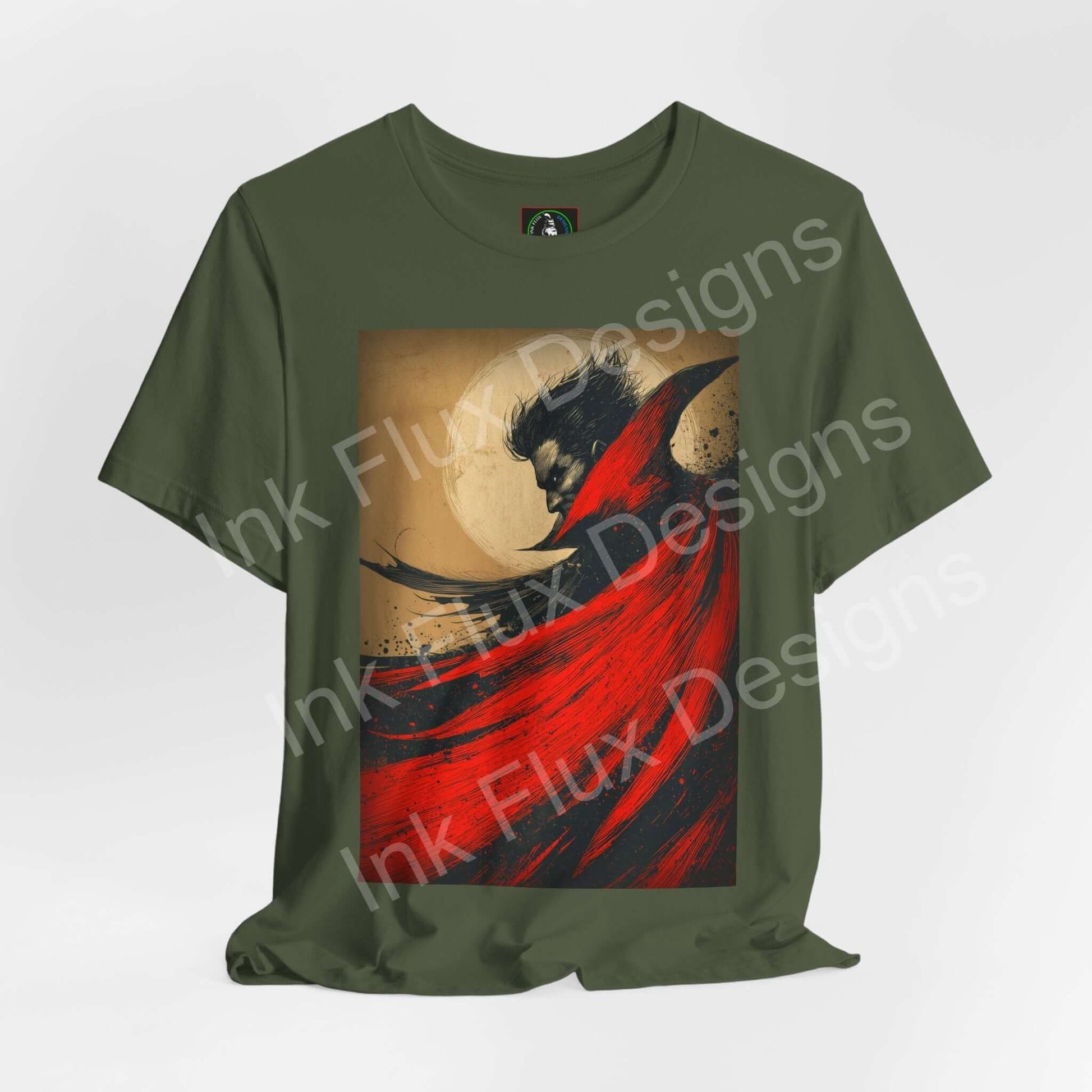 Dracula T-Shirt – Gothic Vampire Art Tee featuring dark art and red accents on a green unisex shirt by Ink Flux Designs.