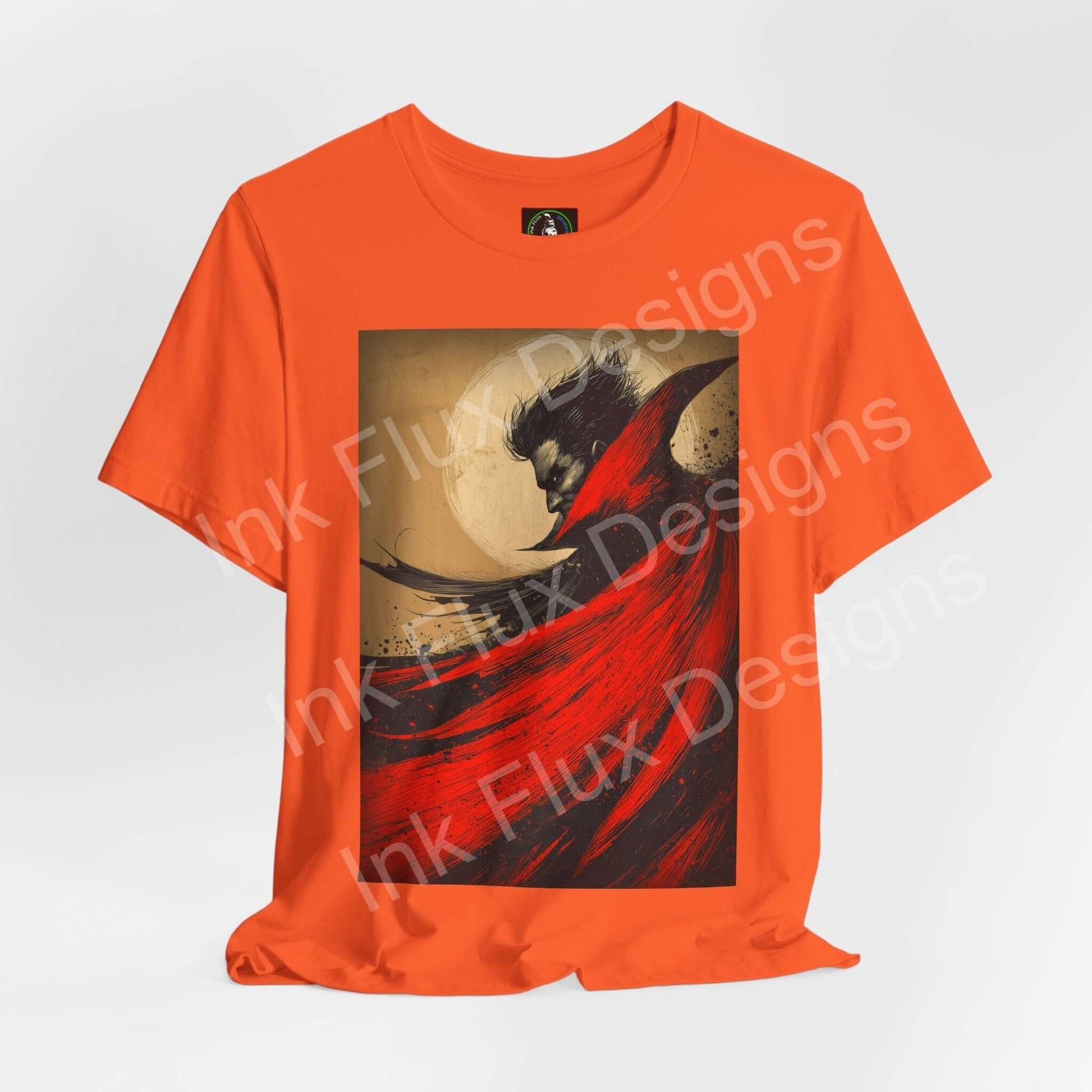 Dracula T-Shirt featuring gothic vampire art with dark colors by Ink Flux Designs.