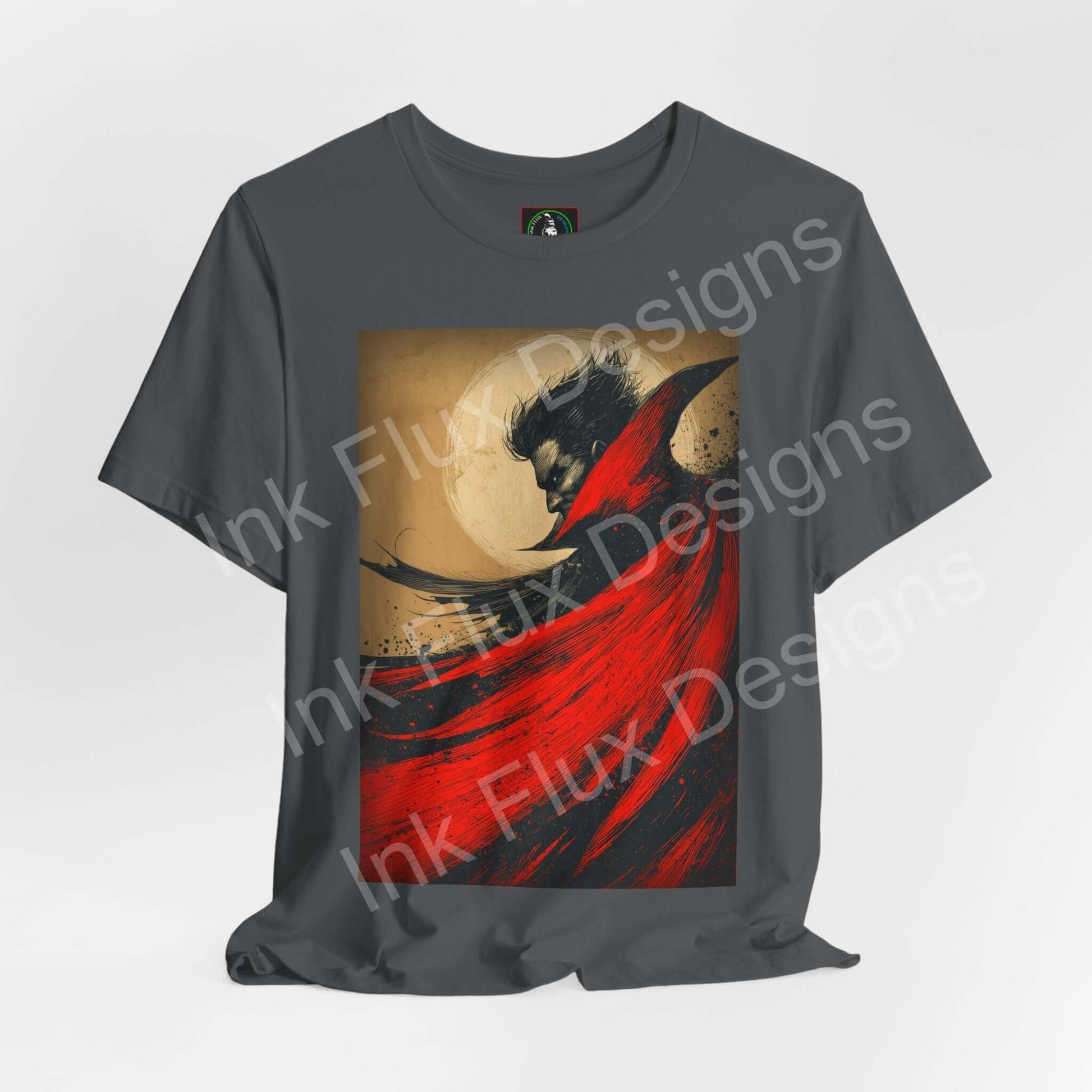 Dracula T-Shirt – Gothic Vampire Art Tee with dark red and black design on gray fabric by Ink Flux Designs