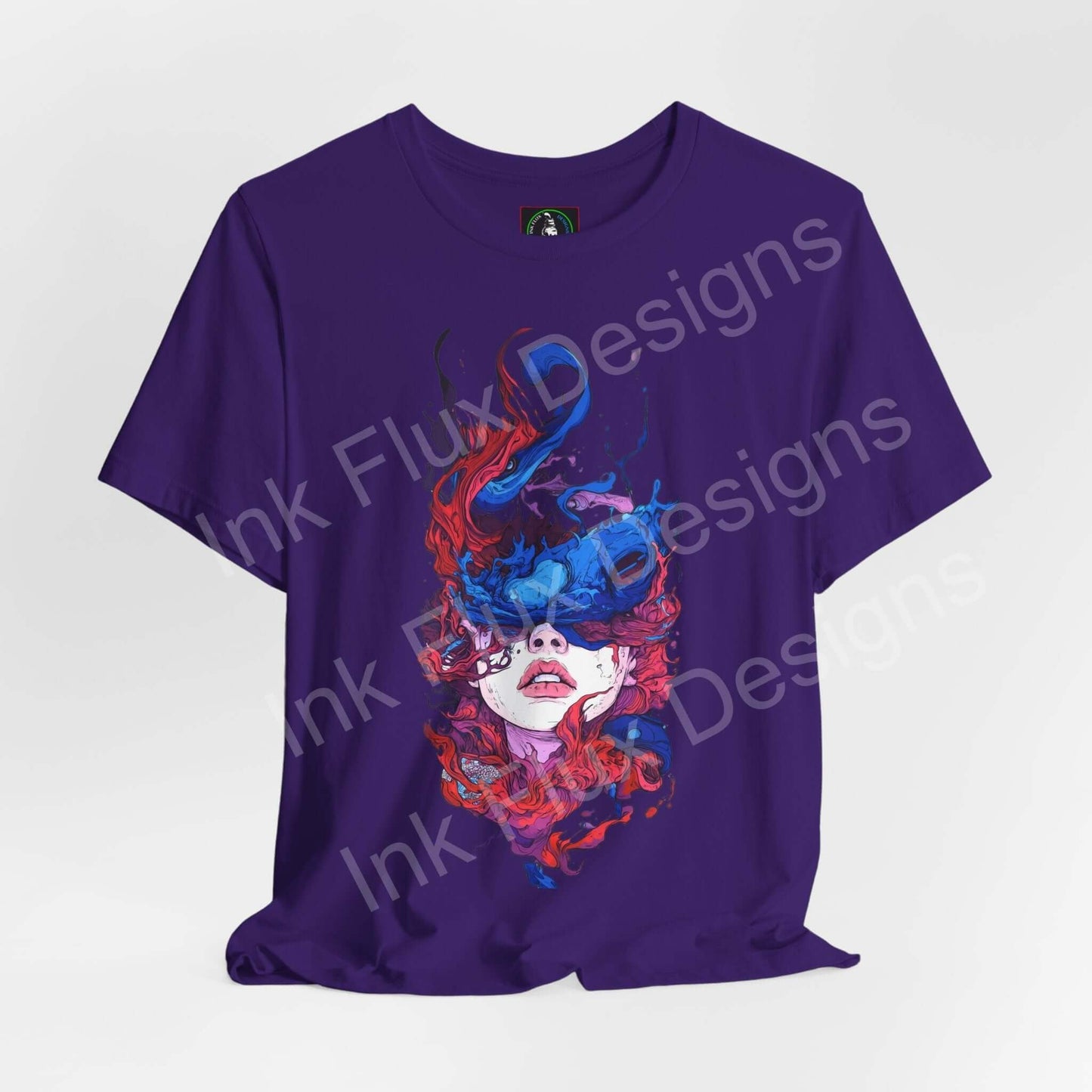 Purple T-shirt featuring vibrant art design by Ink Flux Designs, showcasing a colorful artistic print.