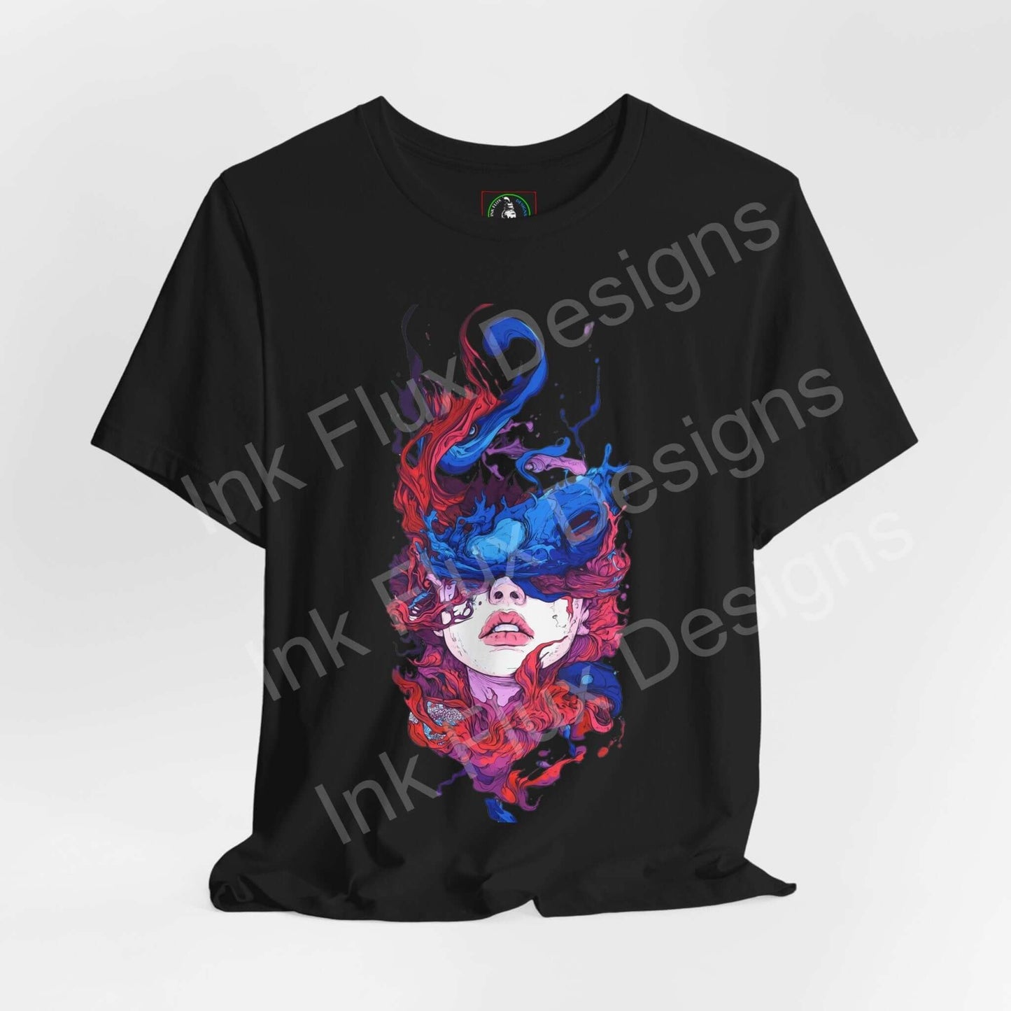 Black T-shirt featuring colorful artwork by Ink Flux Designs, showcasing a vibrant graphic design.
