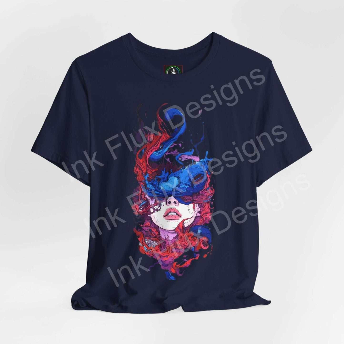 Unisex navy T-shirt featuring colorful abstract art by Ink Flux Designs, showcasing a vibrant design on soft Airlume cotton.