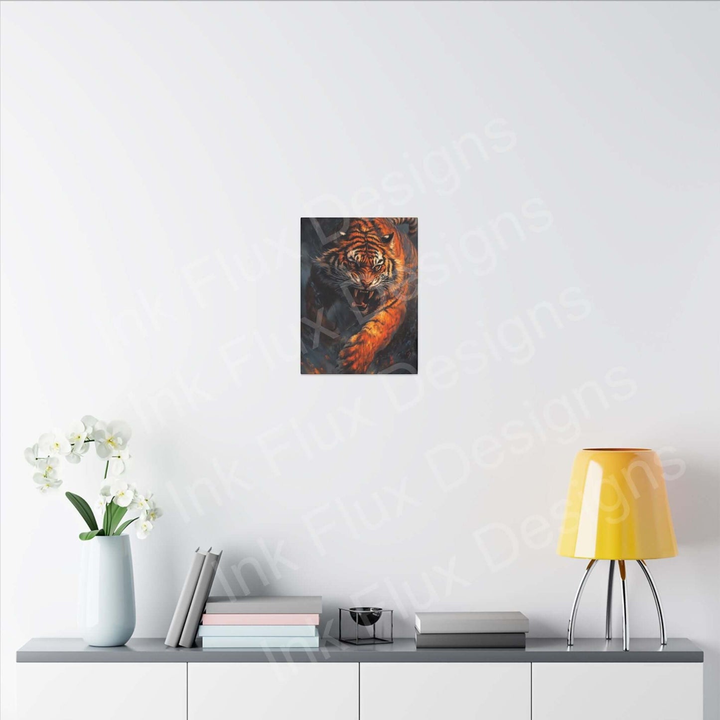 Enraged tiger matte canvas art by Ink Flux Designs displayed in a modern living room setting.