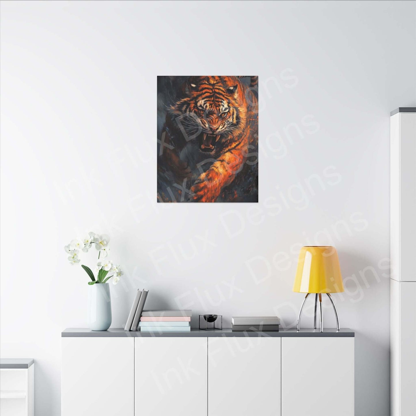 Enraged Tiger matte canvas artwork by Ink Flux Designs displayed in modern decor, featuring vibrant colors and detail.