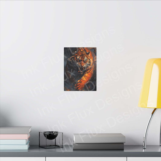 Enraged tiger matte canvas by Ink Flux Designs, showcasing vibrant colors and textured detail in a modern setting.