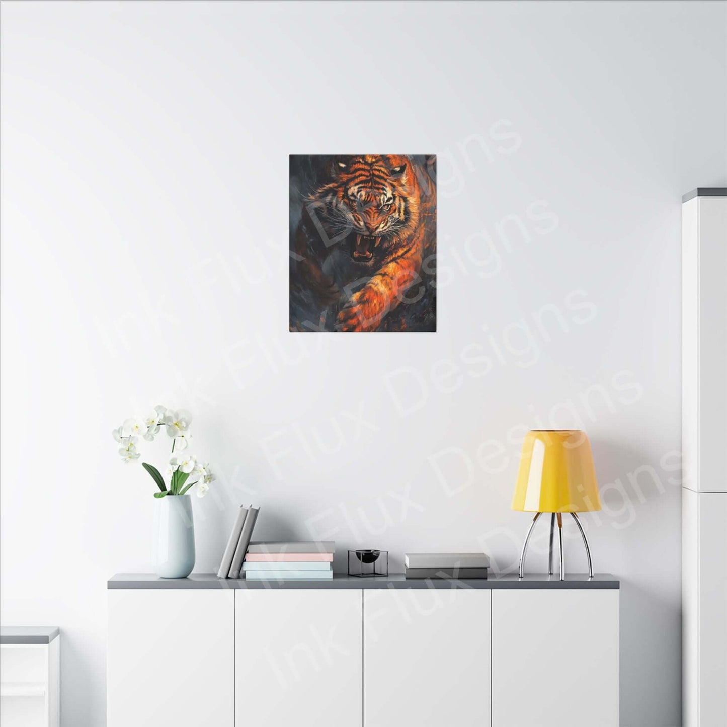 Enraged Tiger matte canvas artwork displayed on a modern wall with colorful decor by Ink Flux Designs.