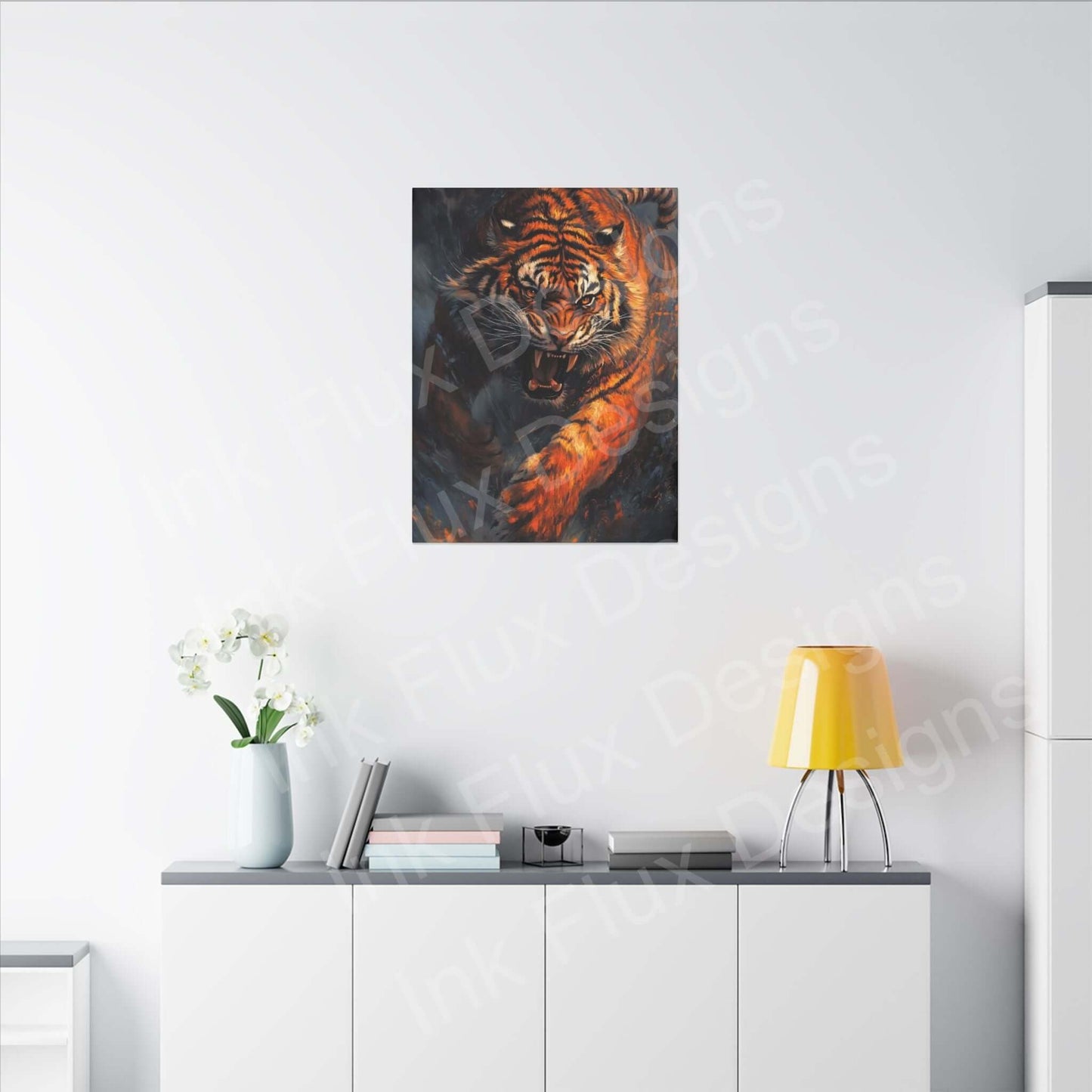 Enraged Tiger matte canvas by Ink Flux Designs displayed in modern interior setting with decorative elements.