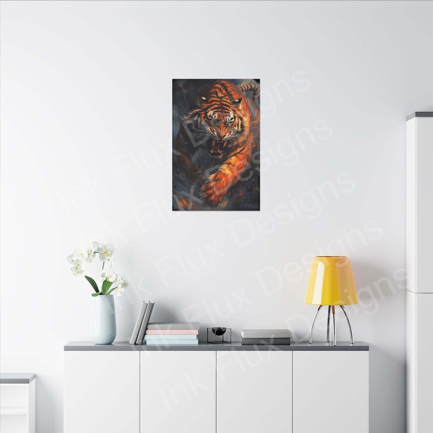 Enraged tiger matte canvas artwork from Ink Flux Designs displayed in a modern room.