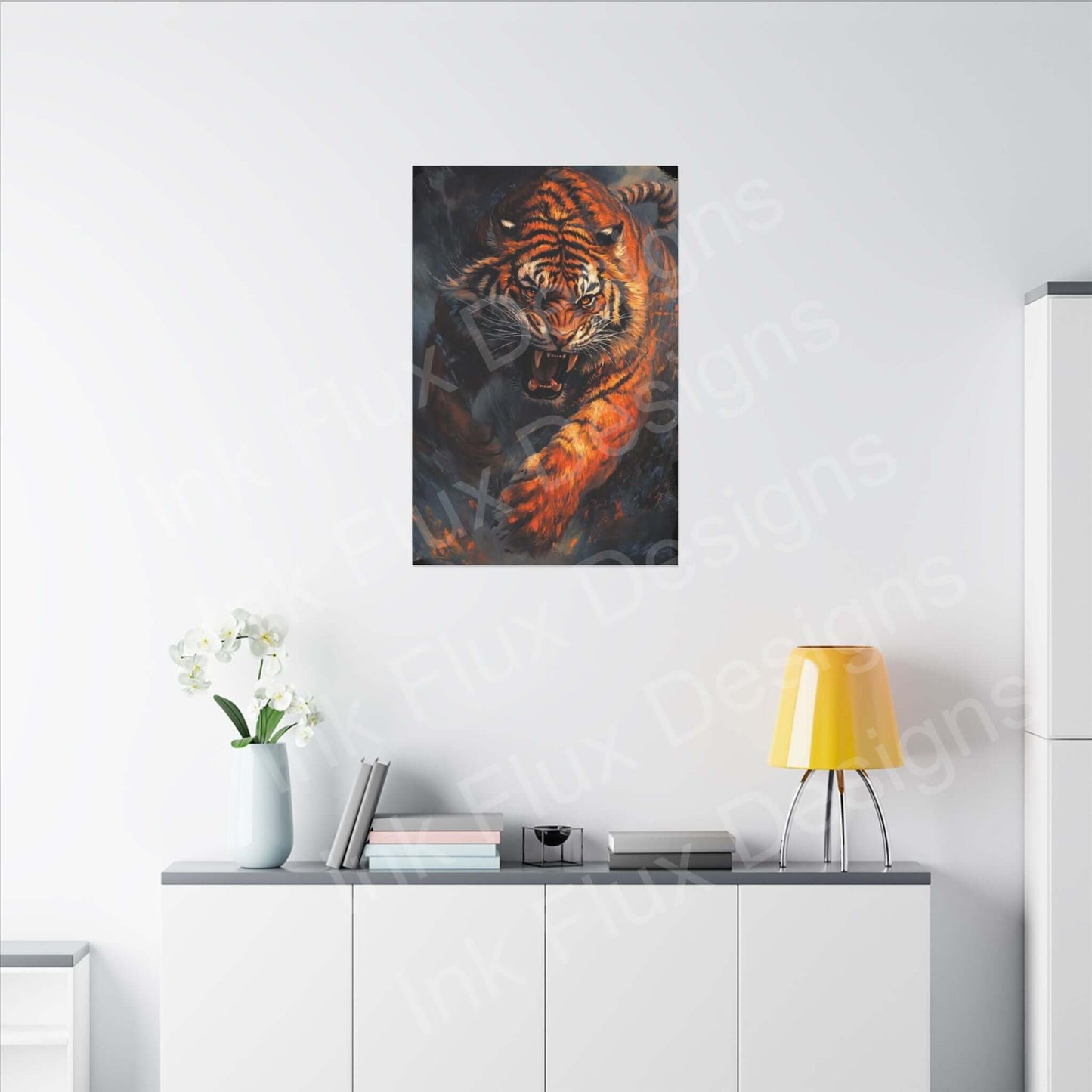 Enraged tiger matte canvas art by Ink Flux Designs, displayed in a contemporary room with decor.