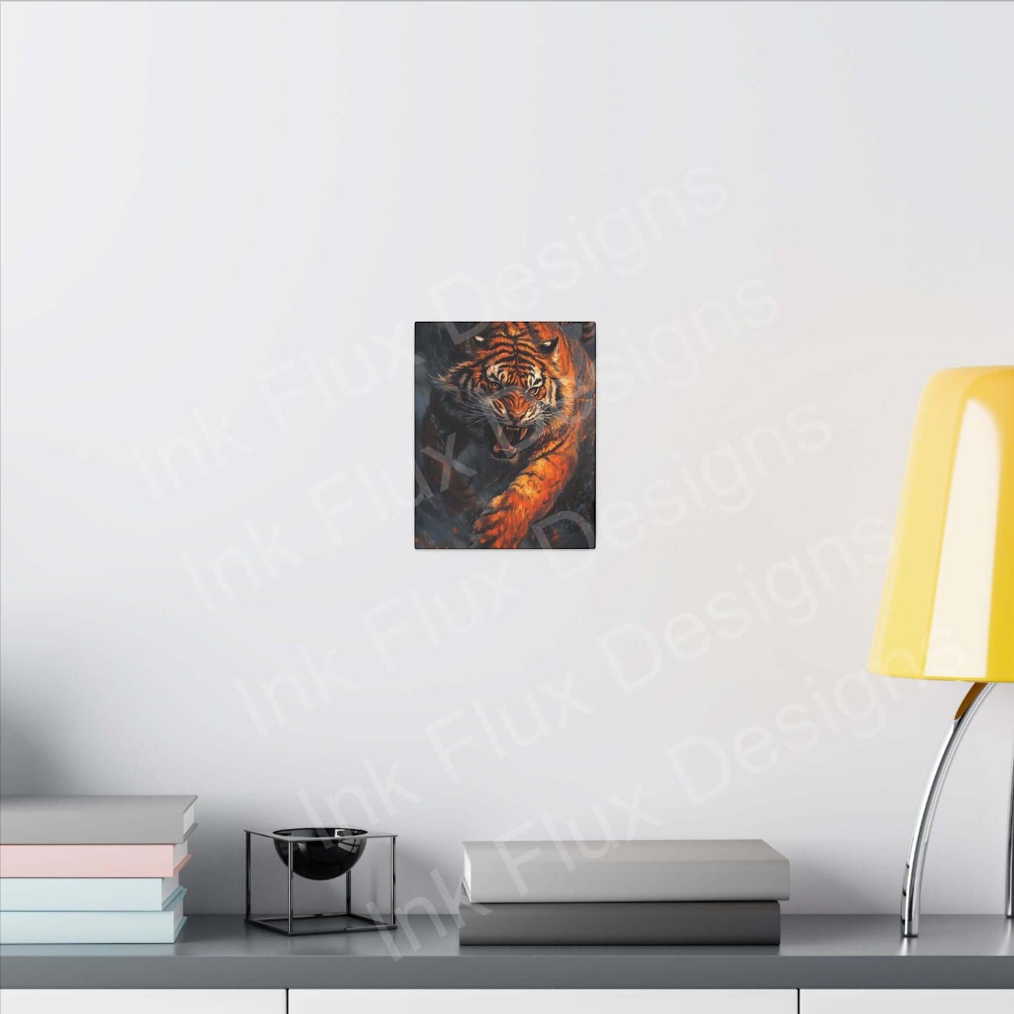 Enraged tiger matte canvas artwork displayed on a wall with stylish decor by Ink Flux Designs.