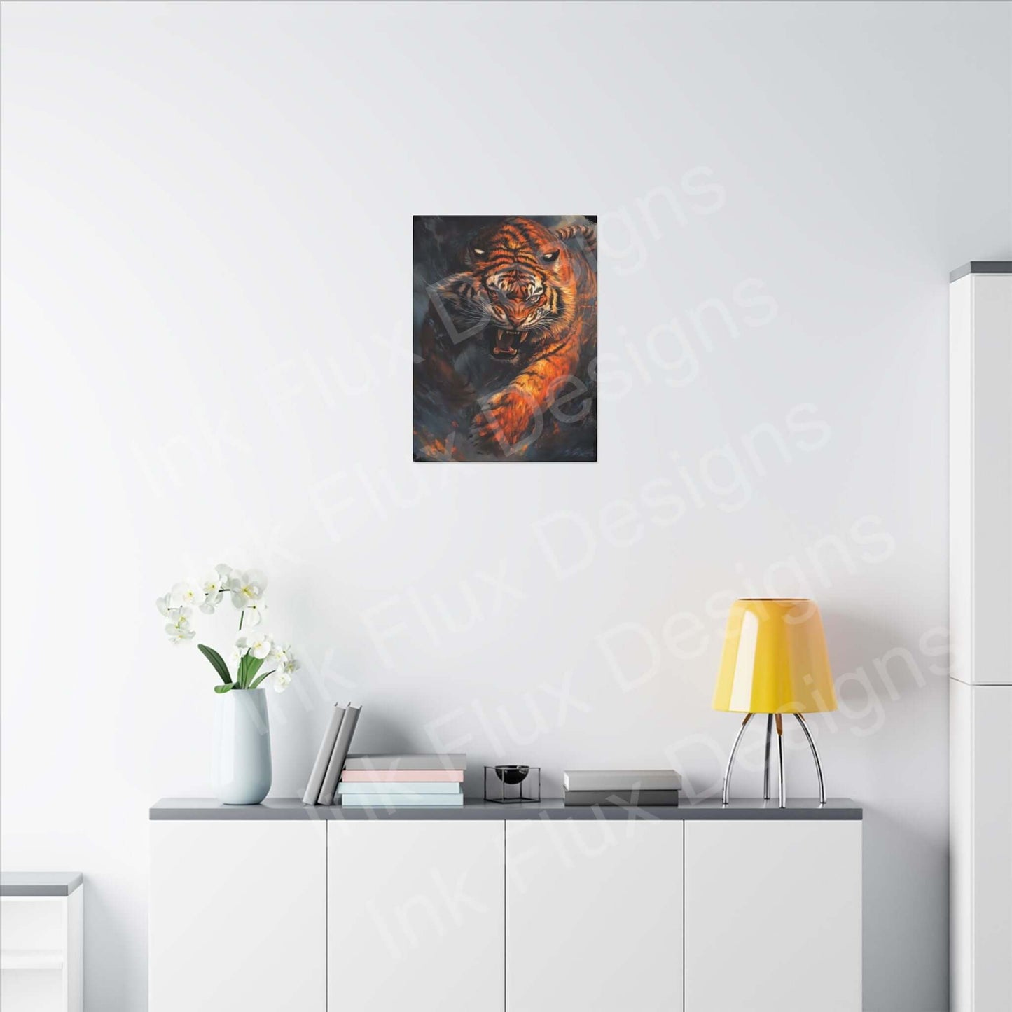 Enraged Tiger matte canvas artwork by Ink Flux Designs, showcasing bold colors in modern home decor.