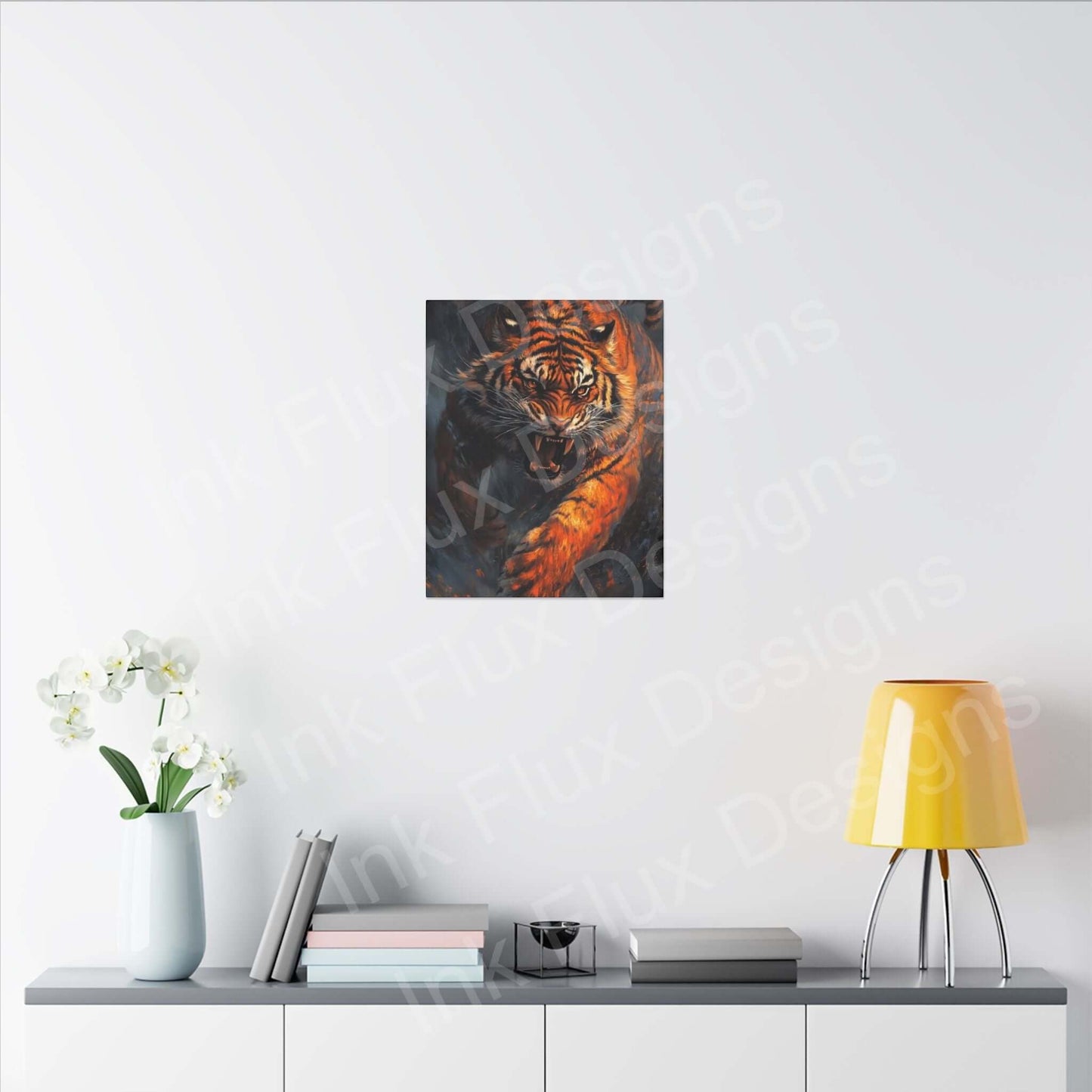 Enraged Tiger matte canvas artwork displayed on a wall, showcasing Ink Flux Designs, ideal for home decor.