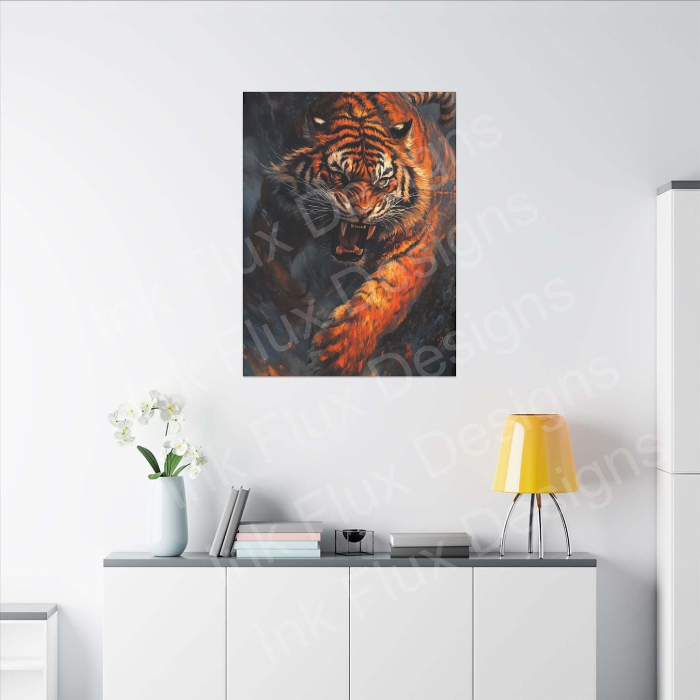 Enraged Tiger matte canvas artwork by Ink Flux Designs on a modern wall, showcasing vibrant colors in a stylish home decor.