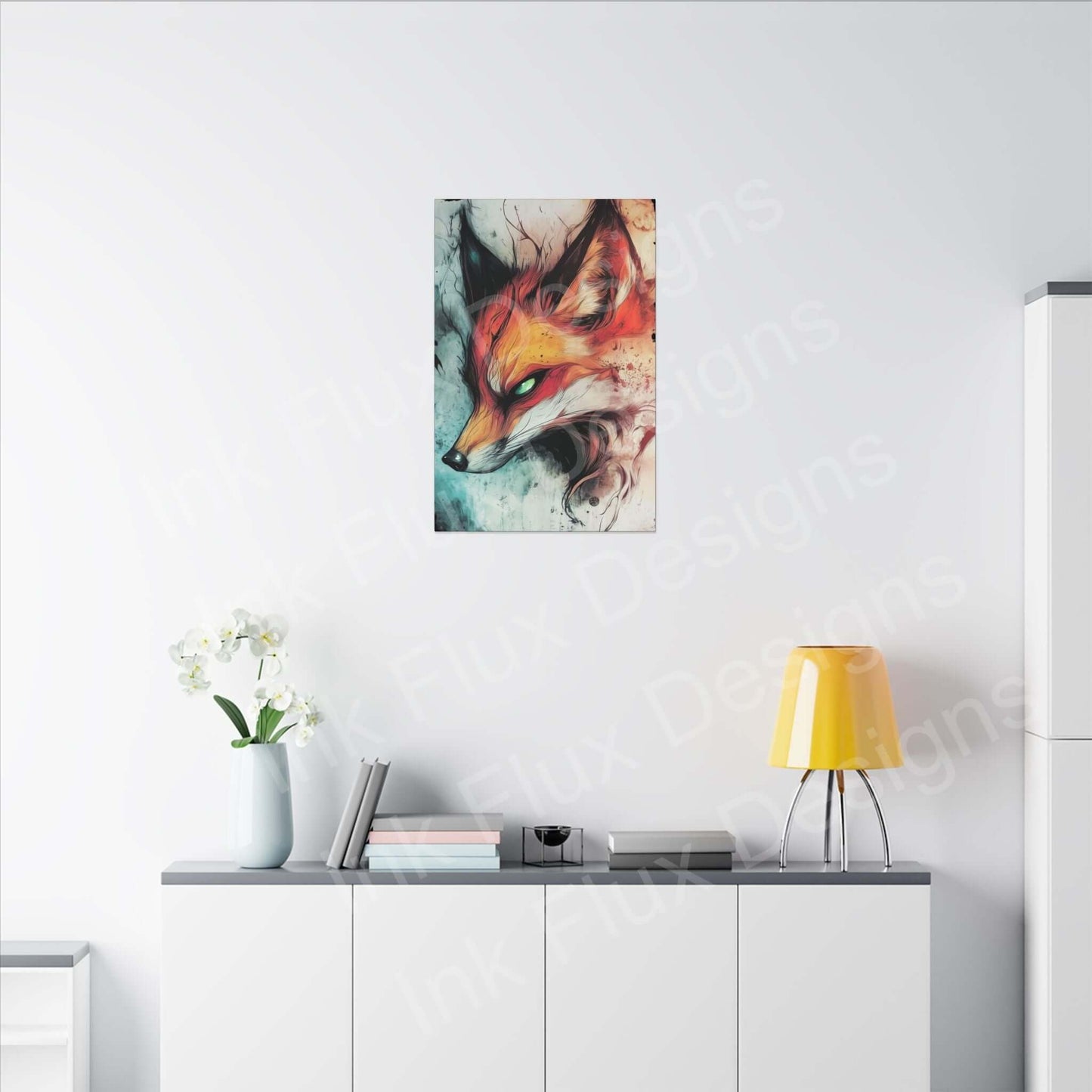 Ethereal Fox Matte Canvas by Ink Flux Designs displayed on a modern wall shelf, showcasing vibrant art and decor.