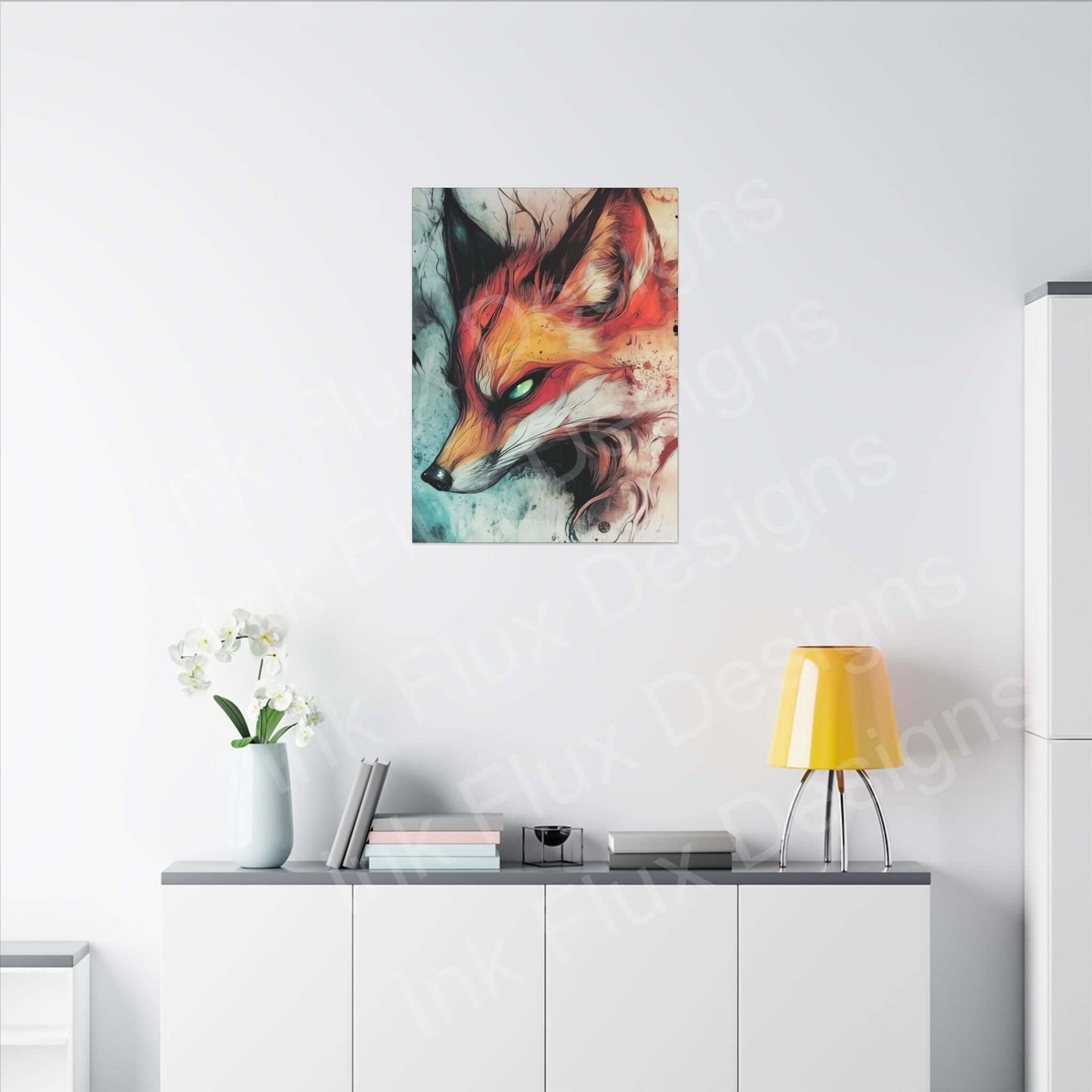 Ethereal Fox matte canvas artwork by Ink Flux Designs, brightening a modern living space with striking colors.