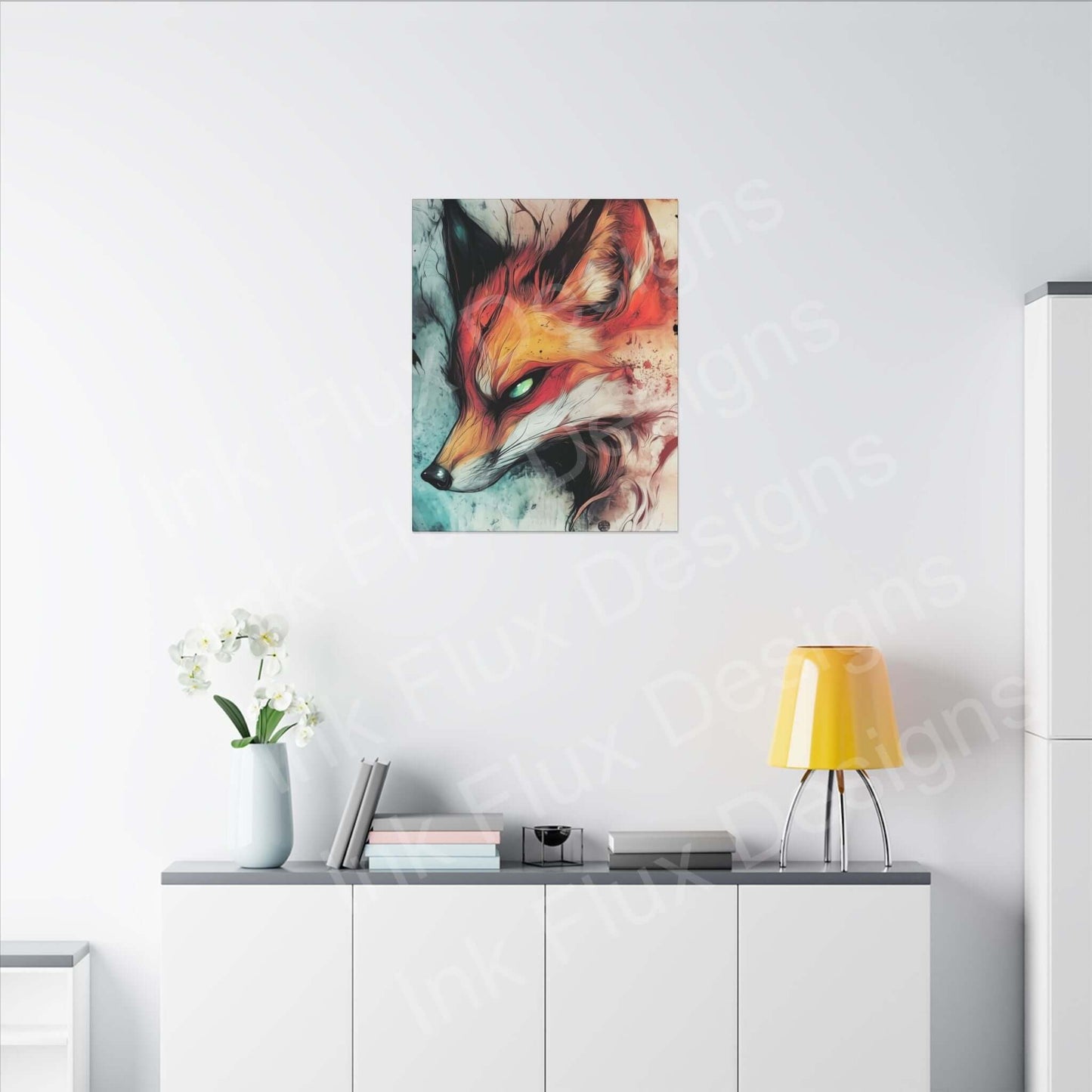 Ethereal Fox Matte Canvas art displayed on a modern wall, showcasing vibrant colors, by Ink Flux Designs.