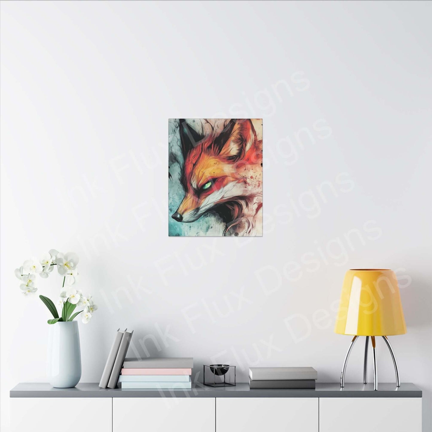 Ethereal Fox matte canvas artwork by Ink Flux Designs, featuring vibrant colors in a modern living space.