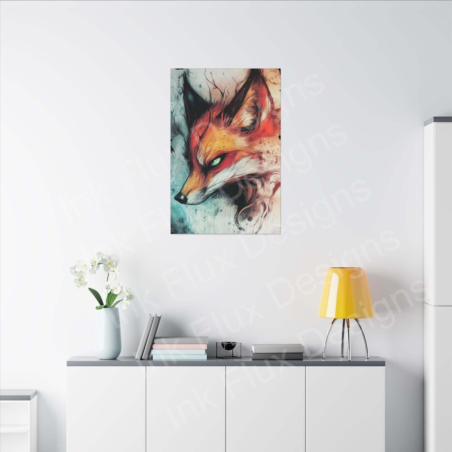 Ethereal Fox matte canvas art by Ink Flux Designs, perfect for creative decor and custom projects.
