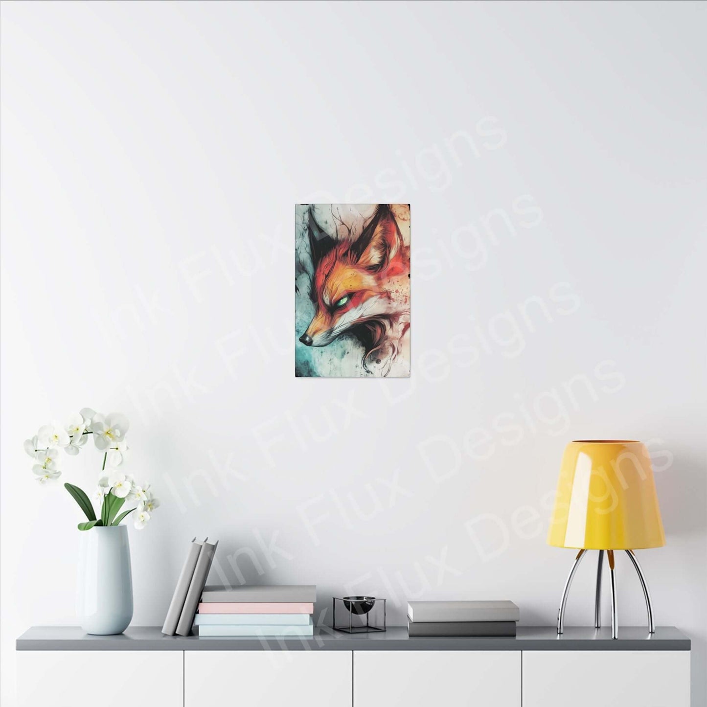 Ethereal Fox matte canvas art by Ink Flux Designs displayed in a modern home setting, highlighting vibrant colors.