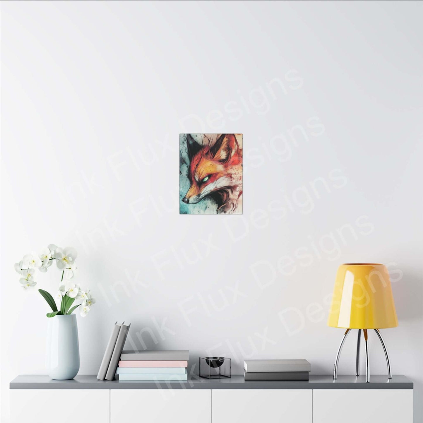 Ethereal Fox Matte Canvas artwork displayed on a wall with flowers and yellow lamp, by Ink Flux Designs.