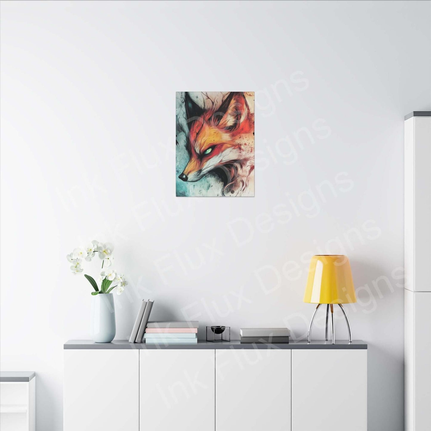Ethereal Fox Matte Canvas artwork displayed on a wall, designed by Ink Flux Designs, perfect for home decor.