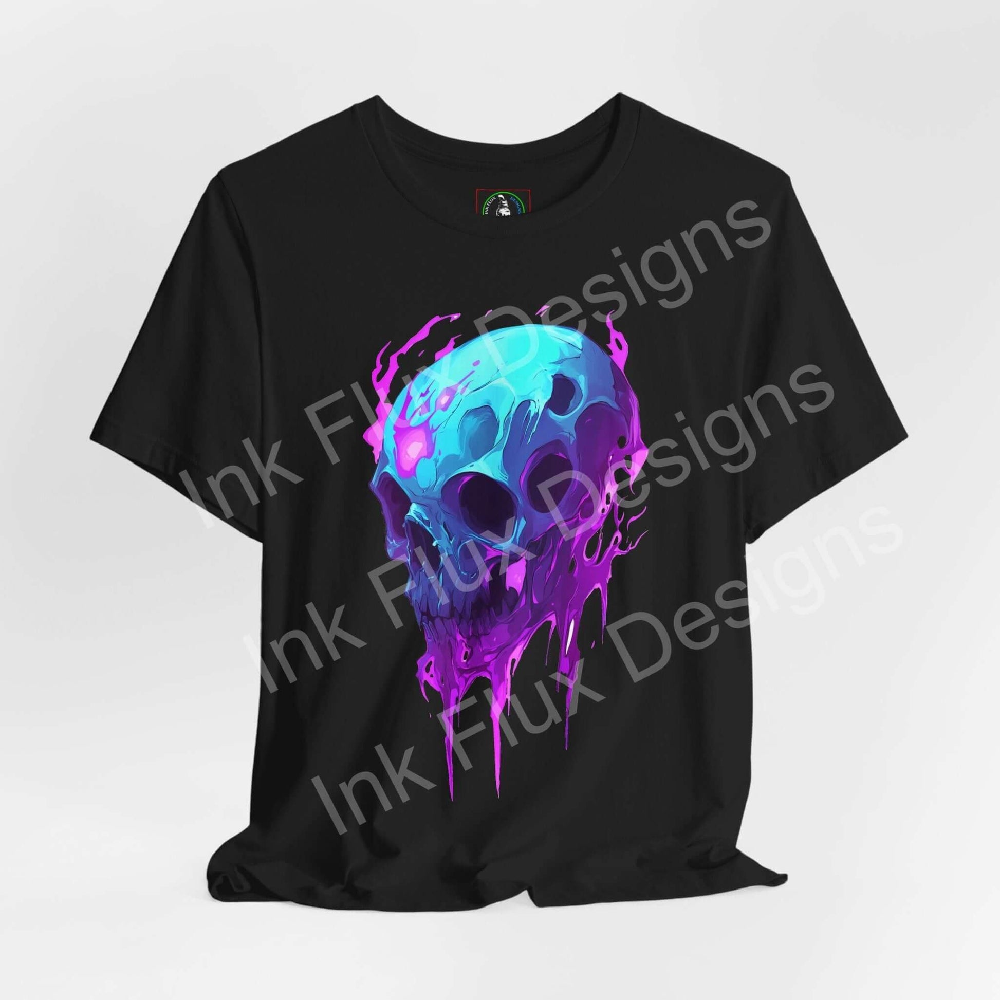 Ethereal melting skull t-shirt with vibrant neon hues and dripping design by Ink Flux Designs.
