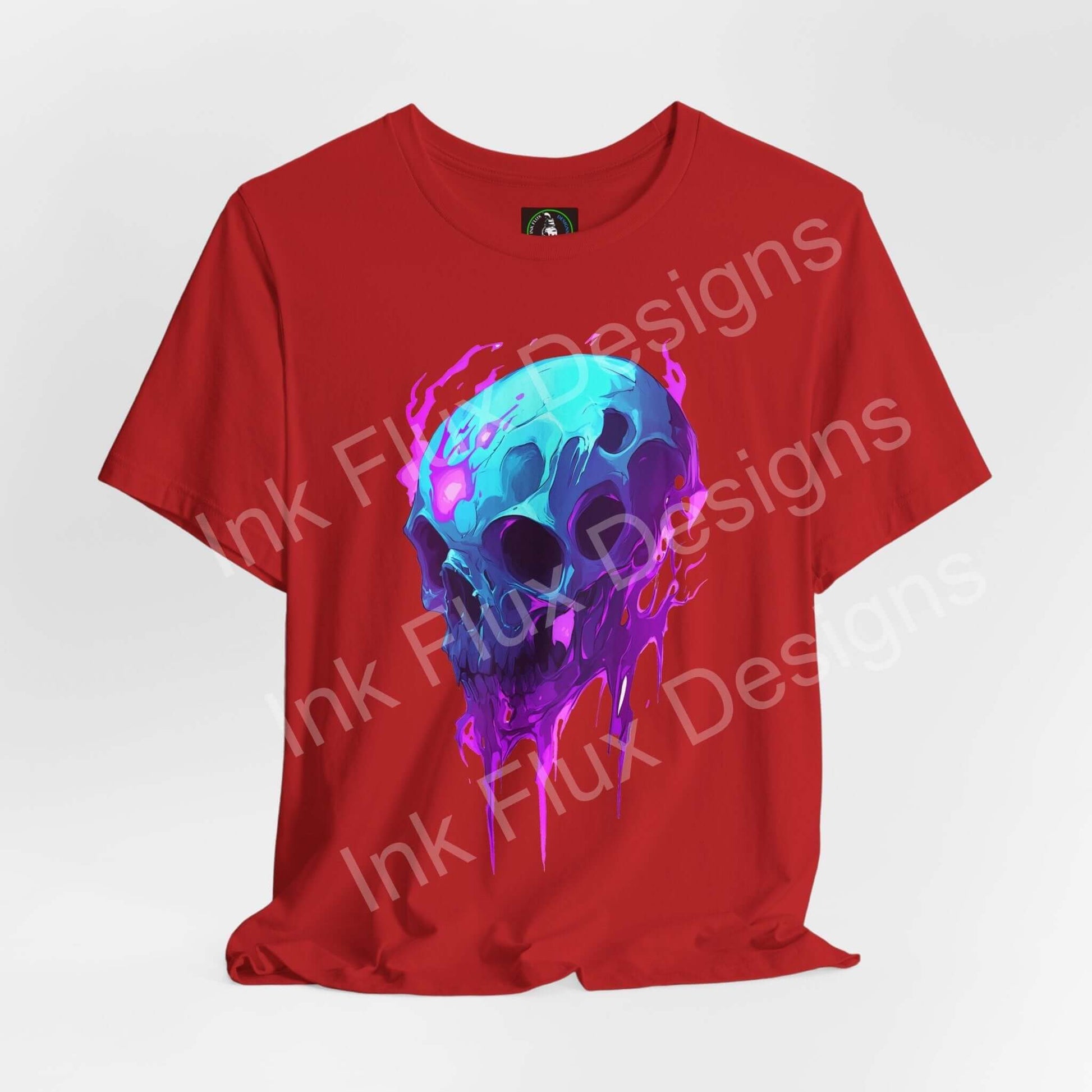 Ethereal melting skull t-shirt featuring a vibrant graphic with neon colors and melting design by Ink Flux Designs.