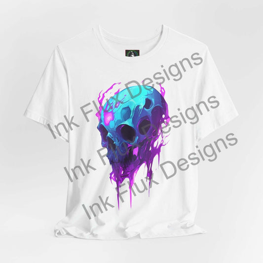 ethereal melting skull t-shirt showcasing a vibrant, psychedelic skull design by Ink Flux Designs.