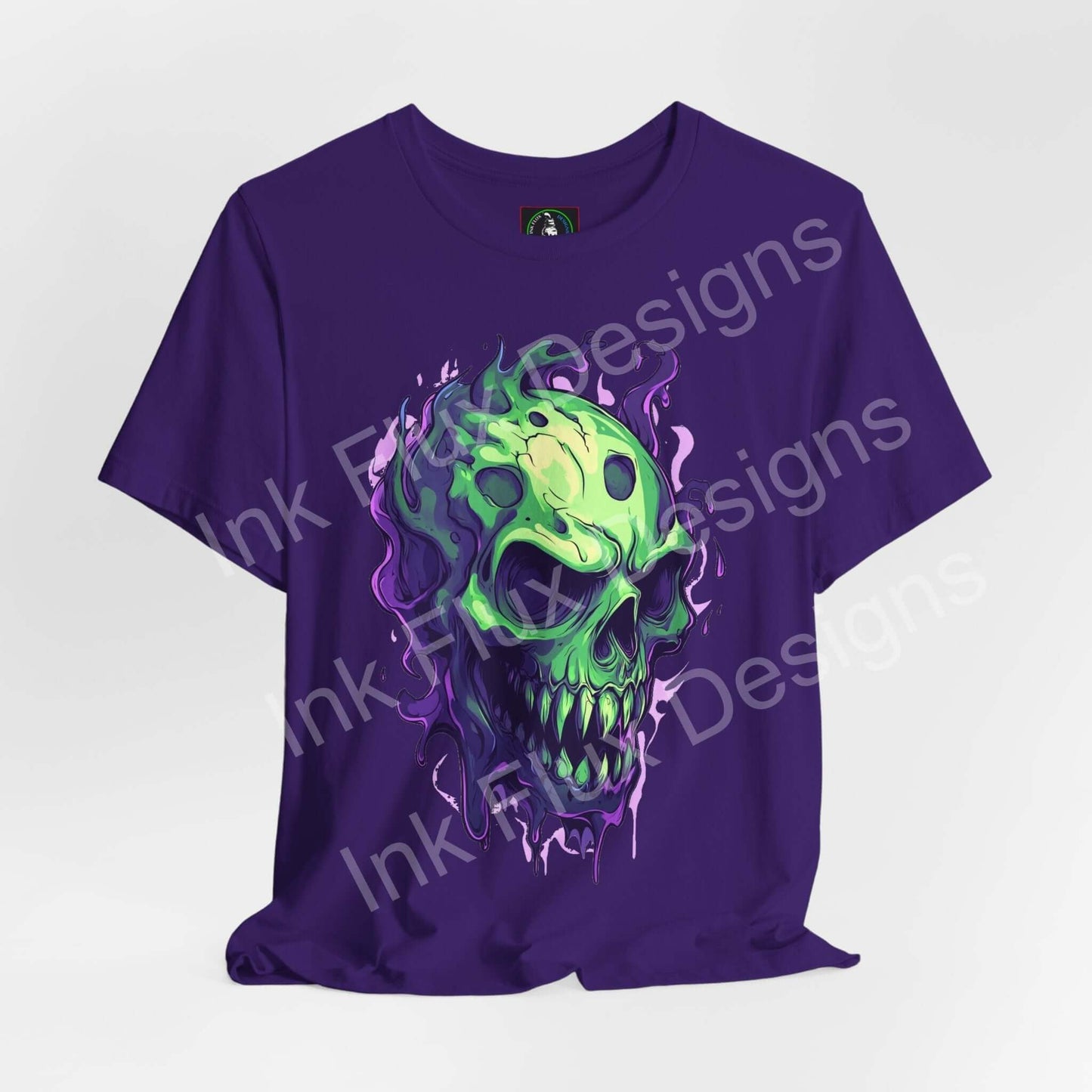 Ethereal Melting Skull graphic on unisex purple T-shirt by Ink Flux Designs, featuring stylish and breathable fabric.