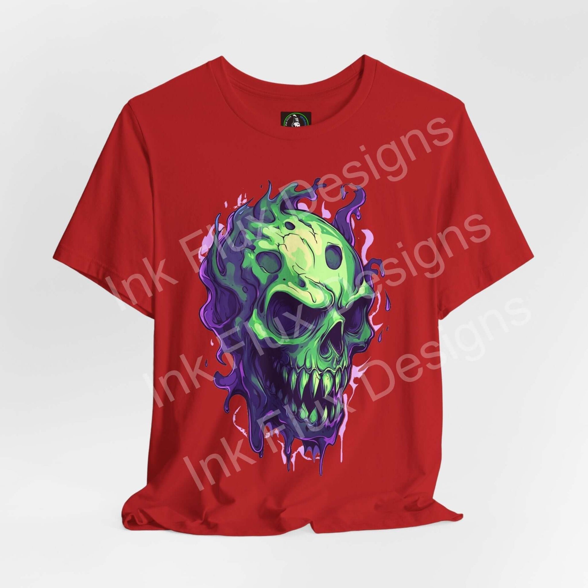Melting skull t-shirt featuring a colorful surreal design on a red background by Ink Flux Designs.