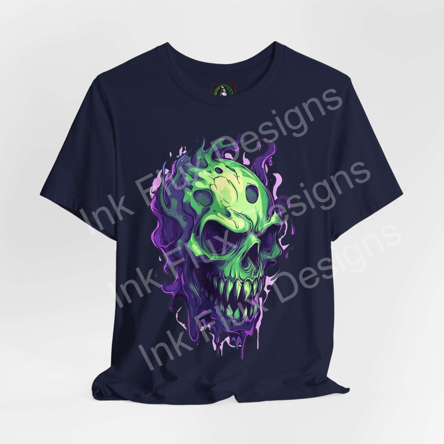 Unisex navy T-shirt featuring an ethereal melting skull design by Ink Flux Designs, perfect for casual style.