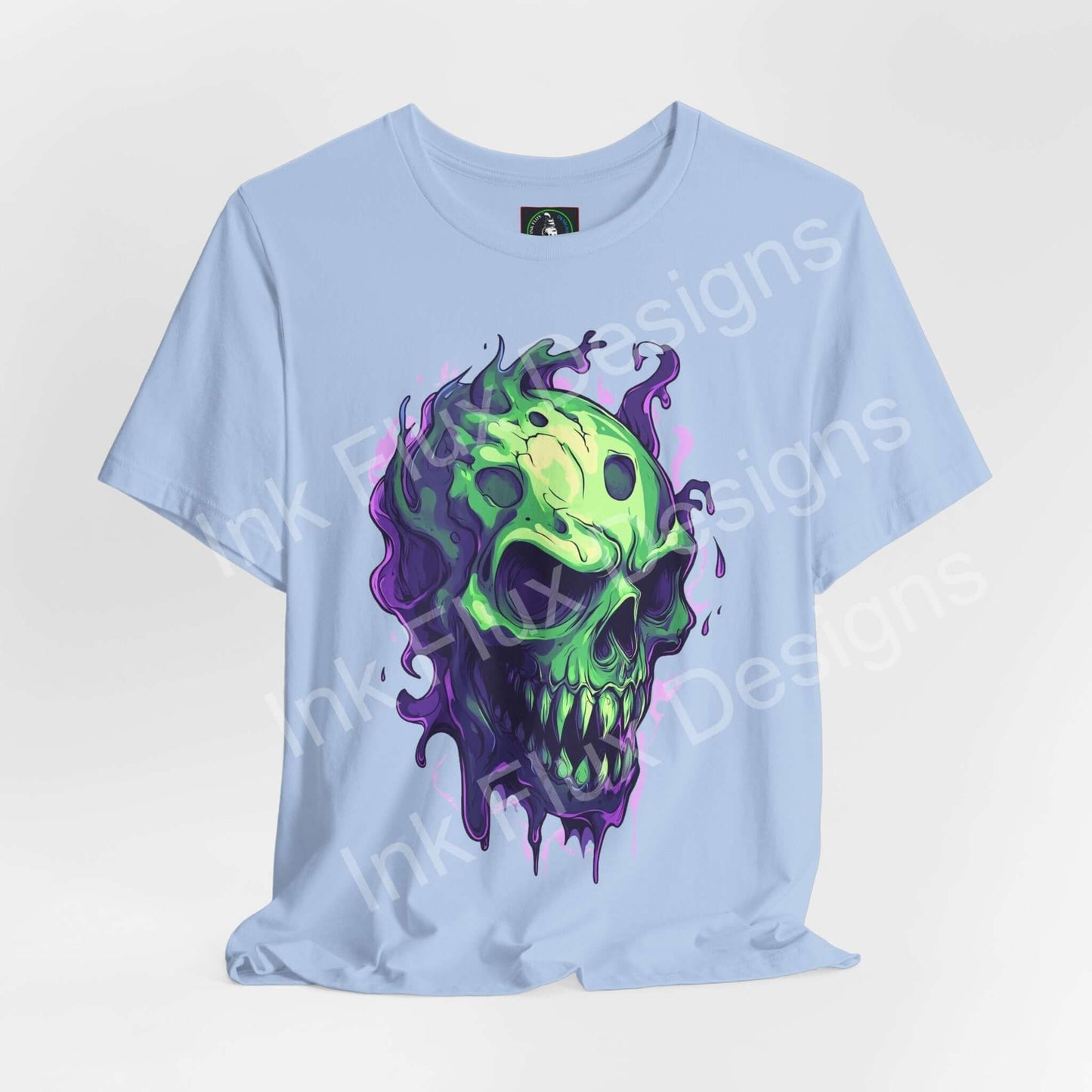 Ethereal melting skull graphic on a light blue unisex T-shirt by Ink Flux Designs, showcasing unique art and sustainable fashion.
