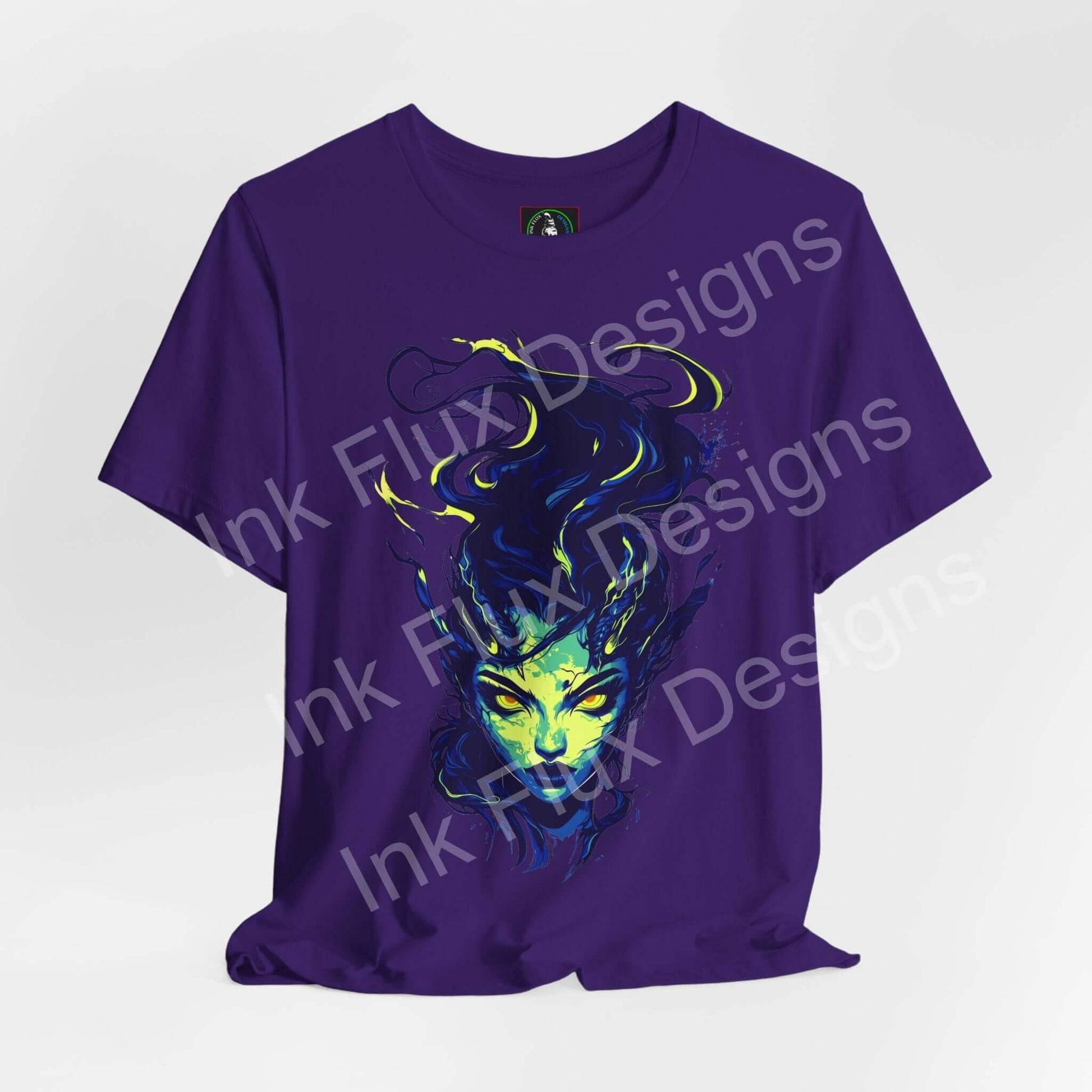 Ethereal Succubus T-Shirt featuring a surreal graphic design on a purple background by Ink Flux Designs.