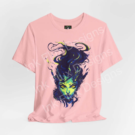 Ethereal Succubus T-Shirt featuring a surreal figure design on a pink background by Ink Flux Designs.
